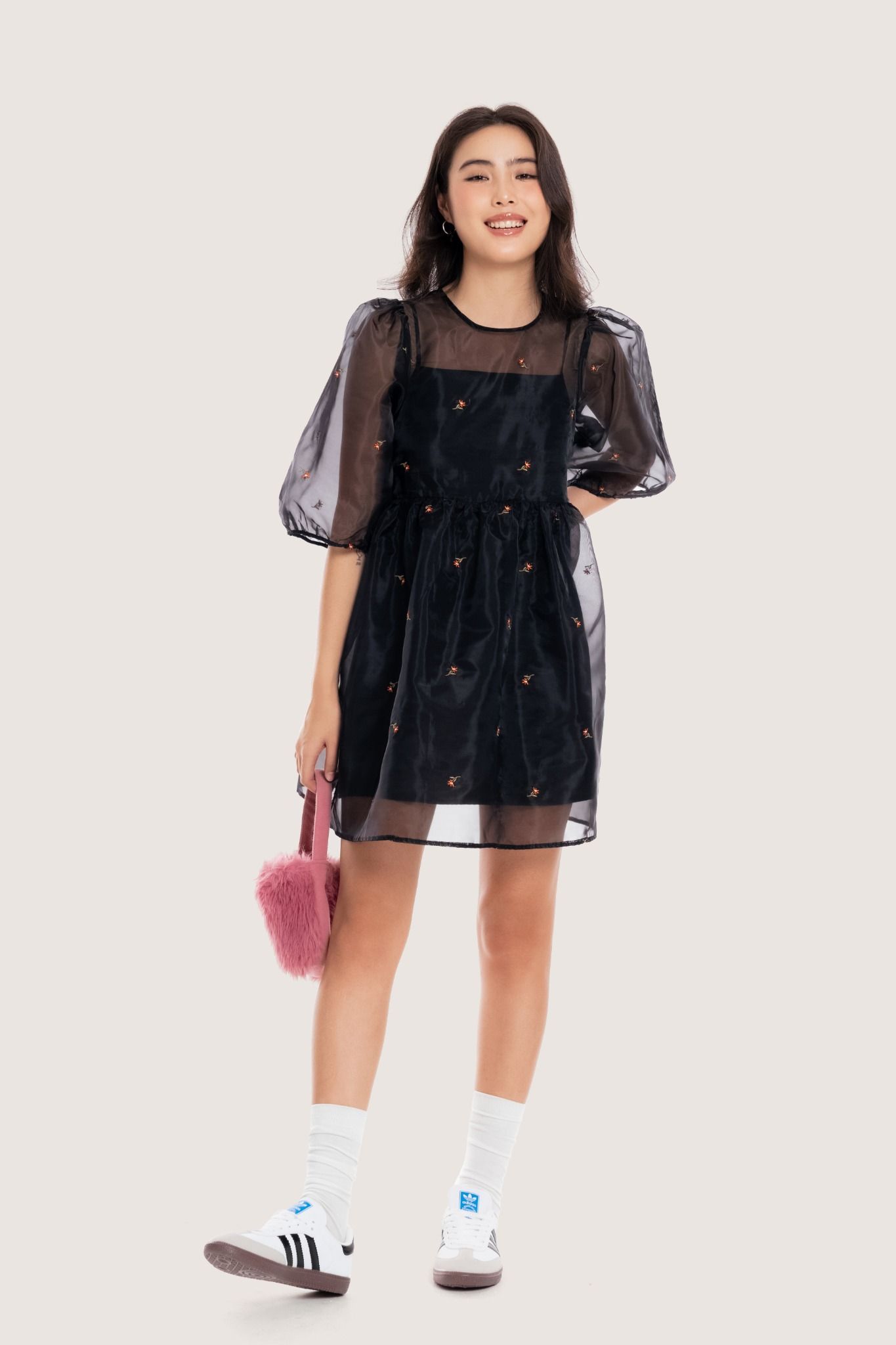 Black Flowers Embroidered Sheer Babydoll
