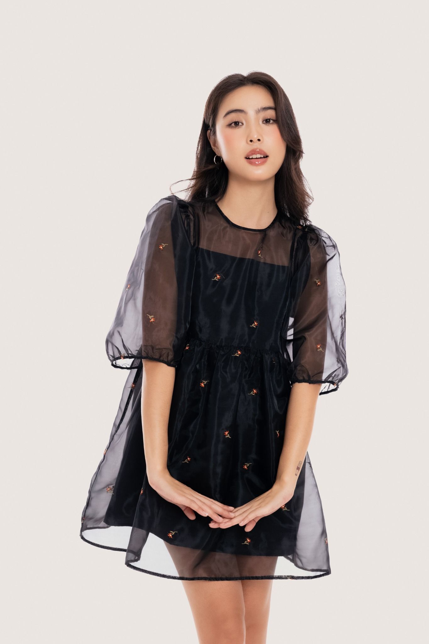 Black Flowers Embroidered Sheer Babydoll