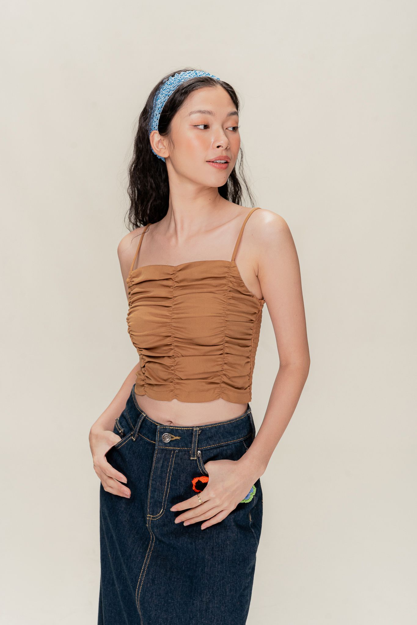  Mustard Brown Ruched Cami Top 