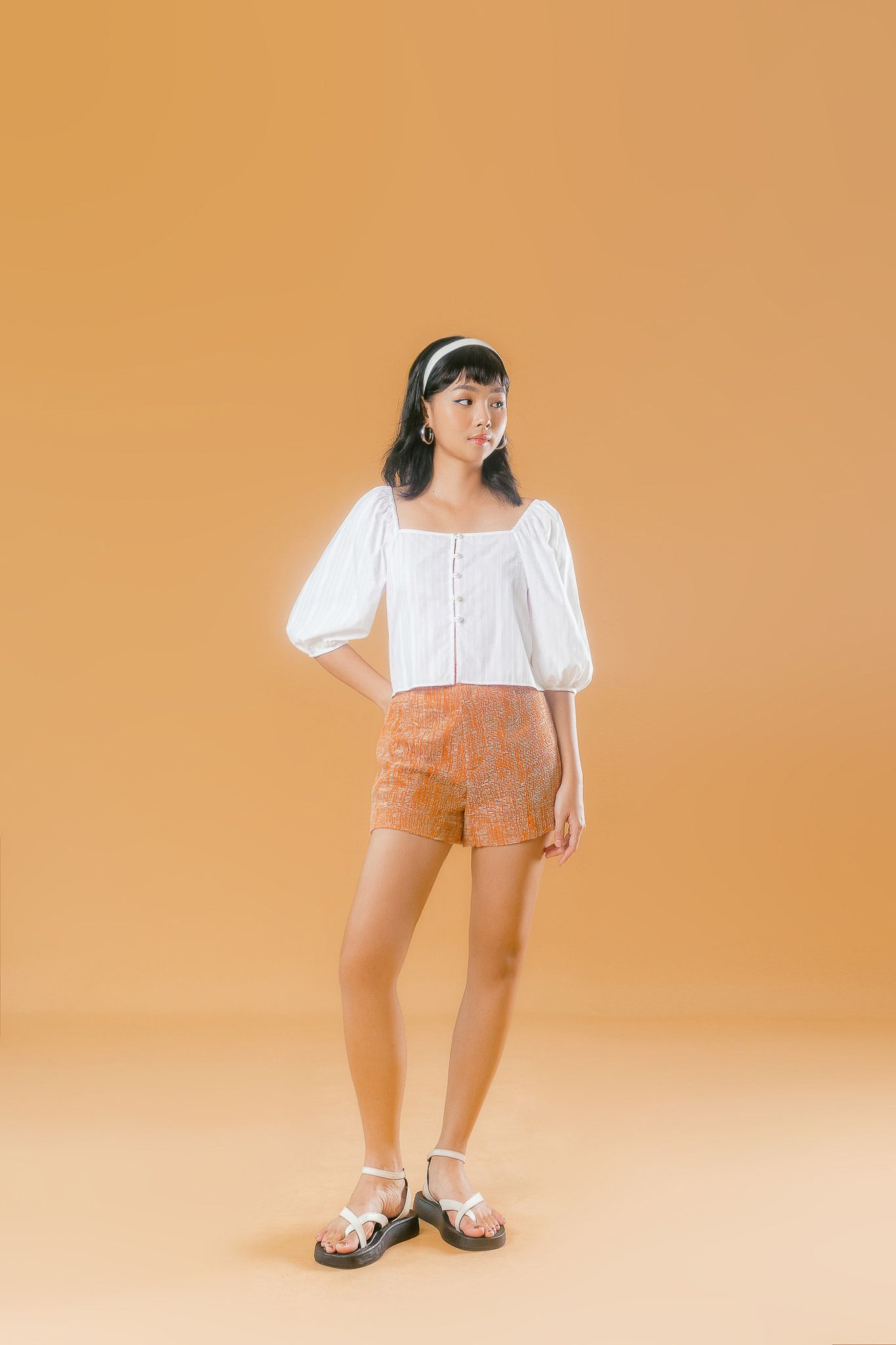  Orange Pattern Textured Shorts 