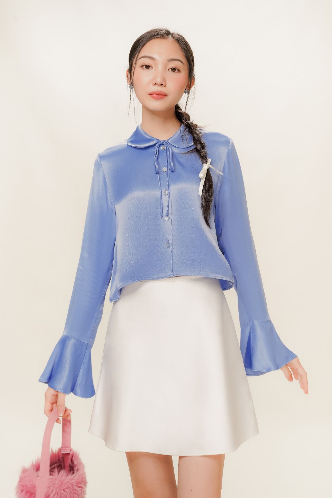  Cornflower Blue Flared Sleeve Silk Top 