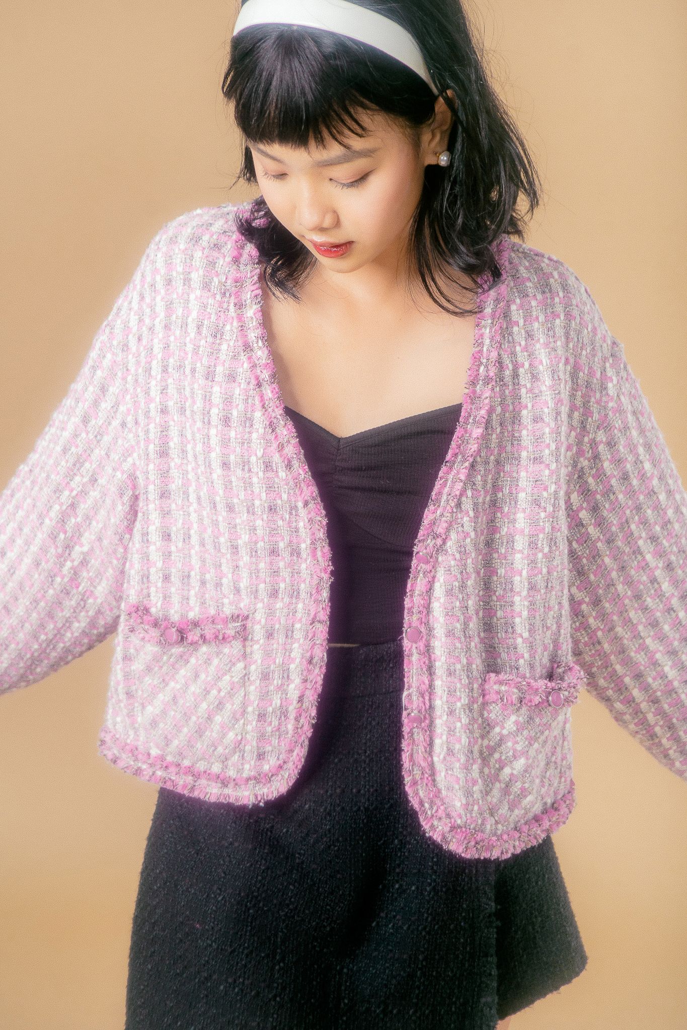  Pink Tweed Cardigan With Pockets 