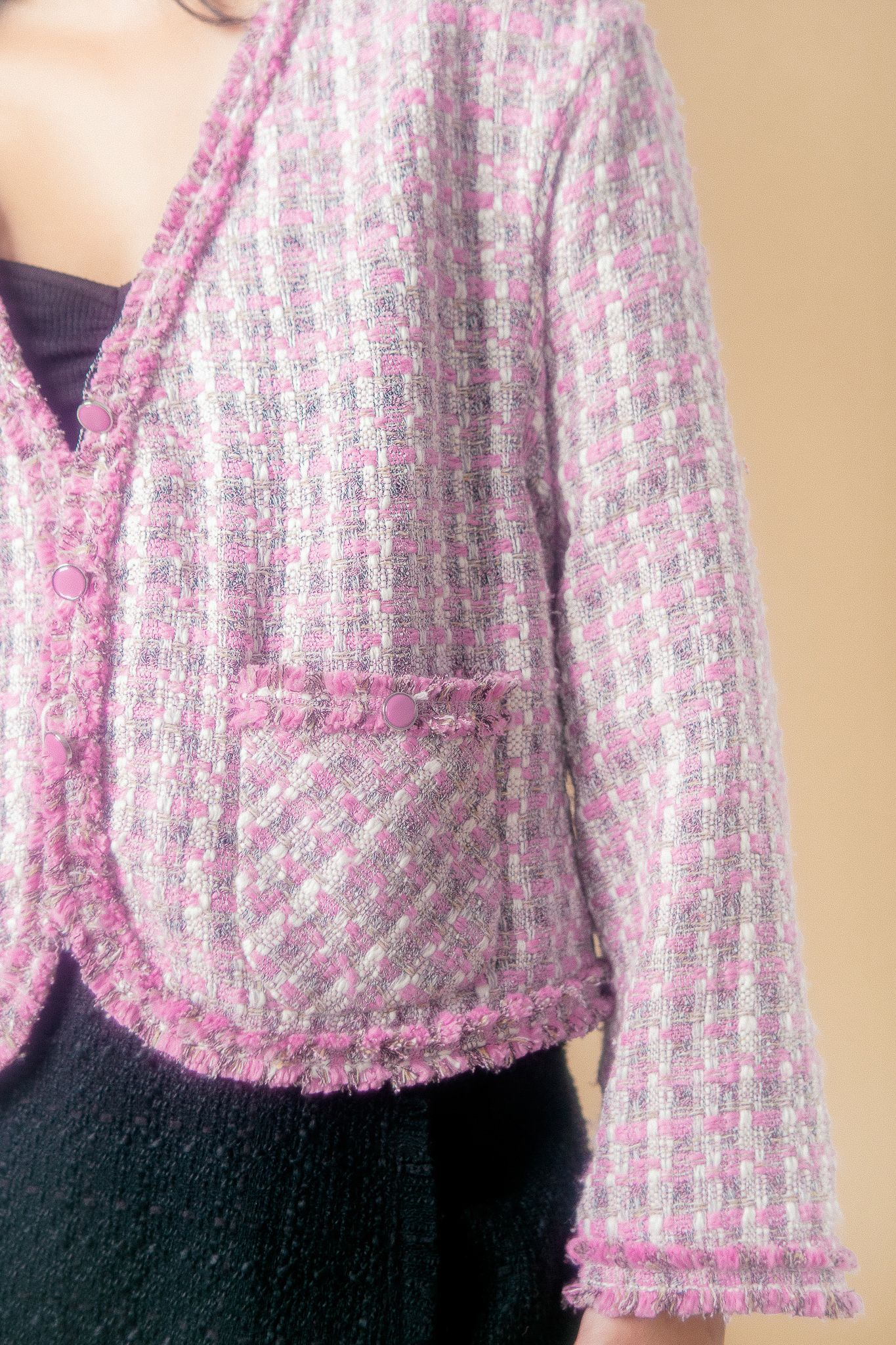  Pink Tweed Cardigan With Pockets 