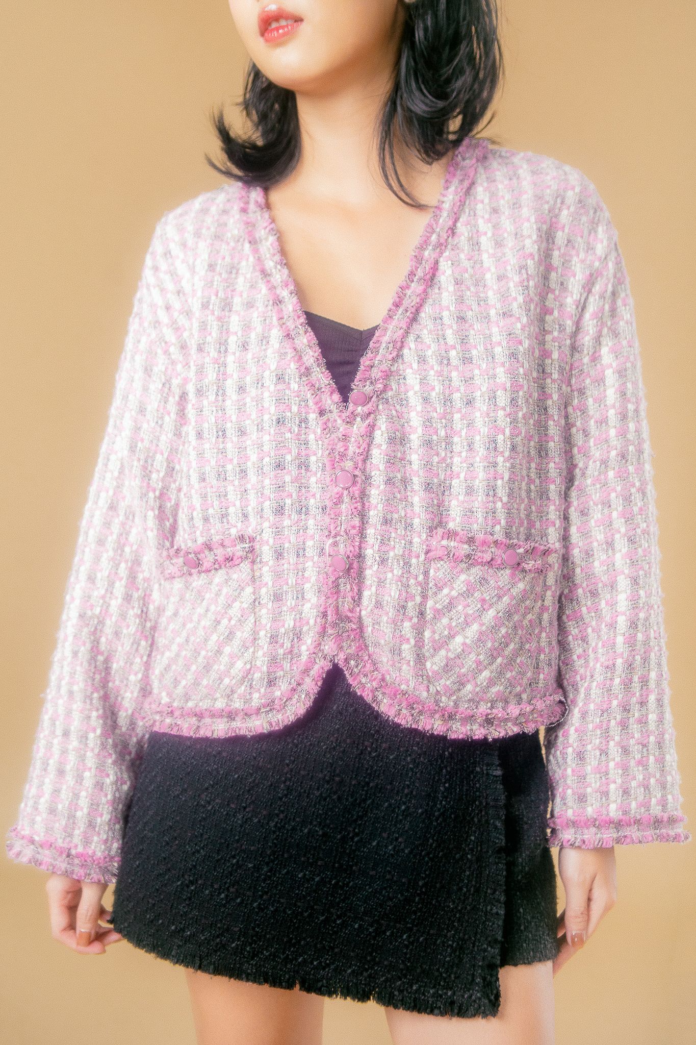  Pink Tweed Cardigan With Pockets 