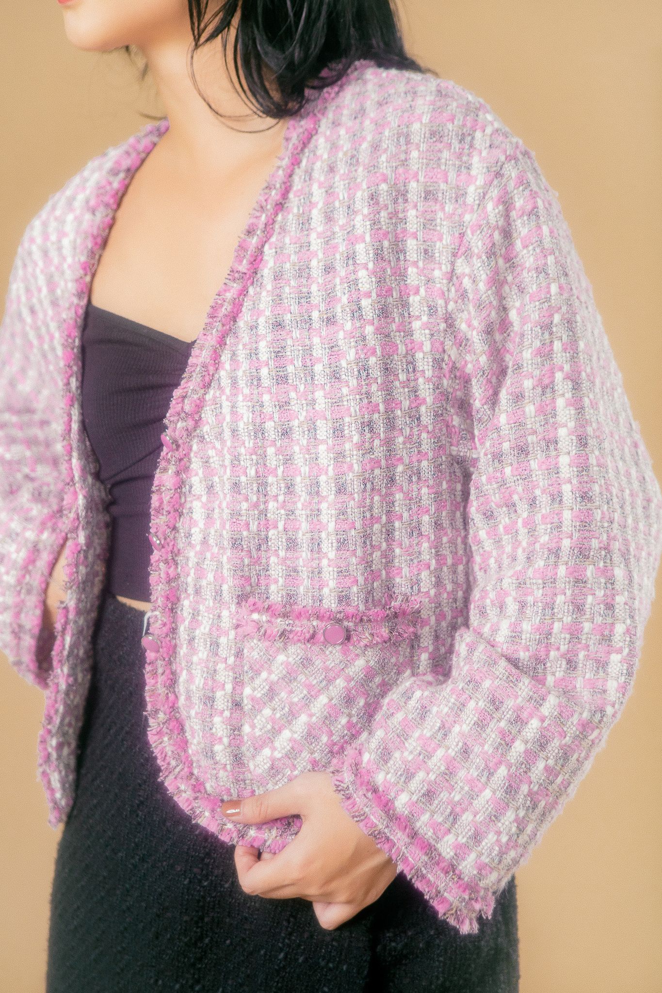  Pink Tweed Cardigan With Pockets 