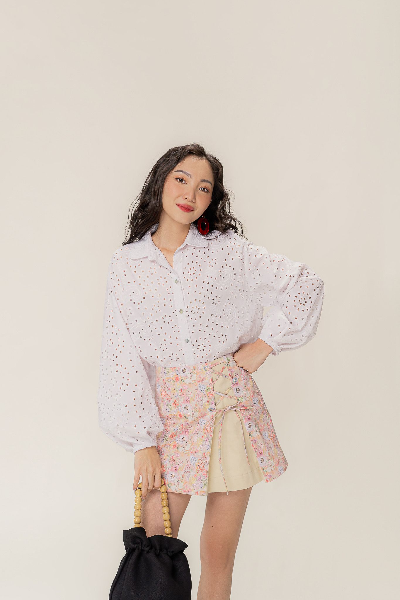  White Embroidered Long Puff Sleeve Shirt 