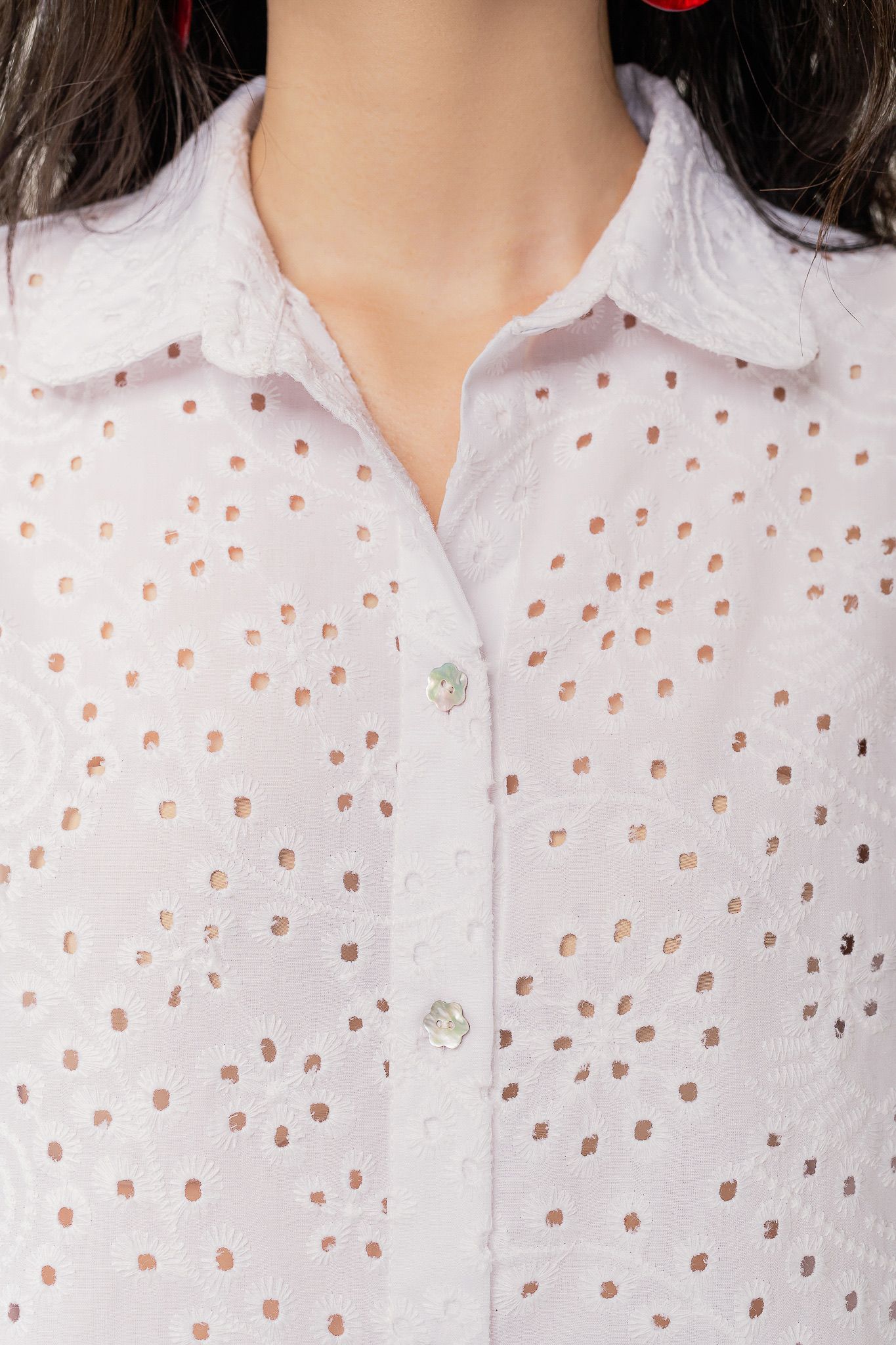  White Embroidered Long Puff Sleeve Shirt 