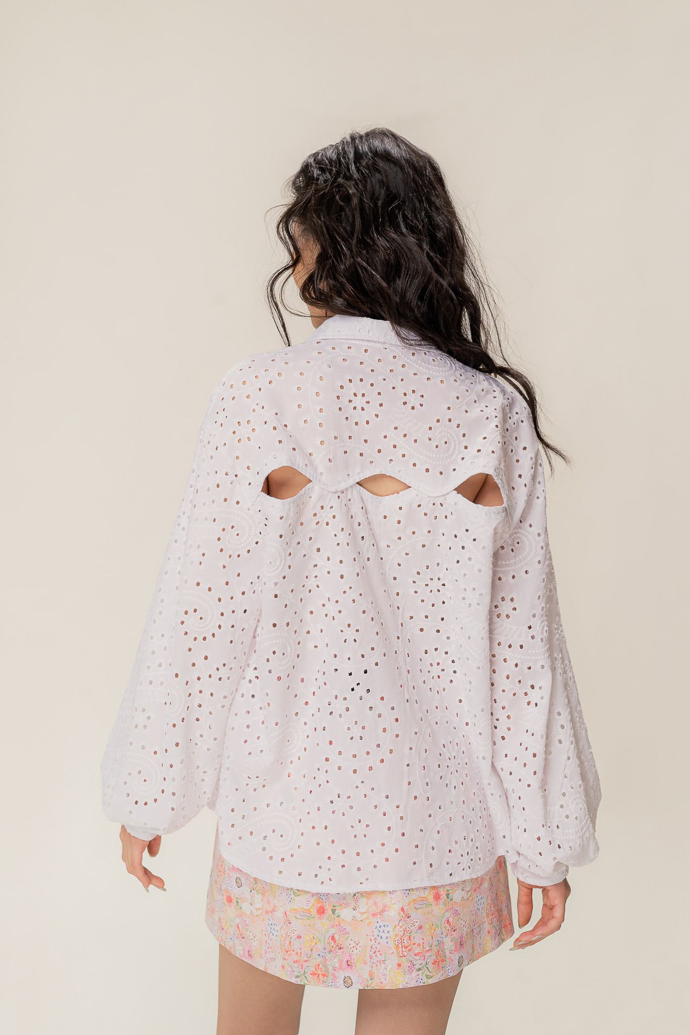  White Embroidered Long Puff Sleeve Shirt 