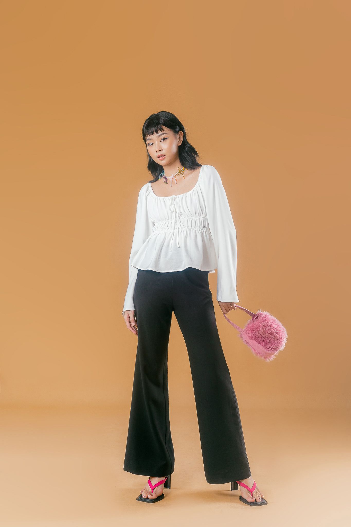 White Ruched Tie Front Long Sleeve Top