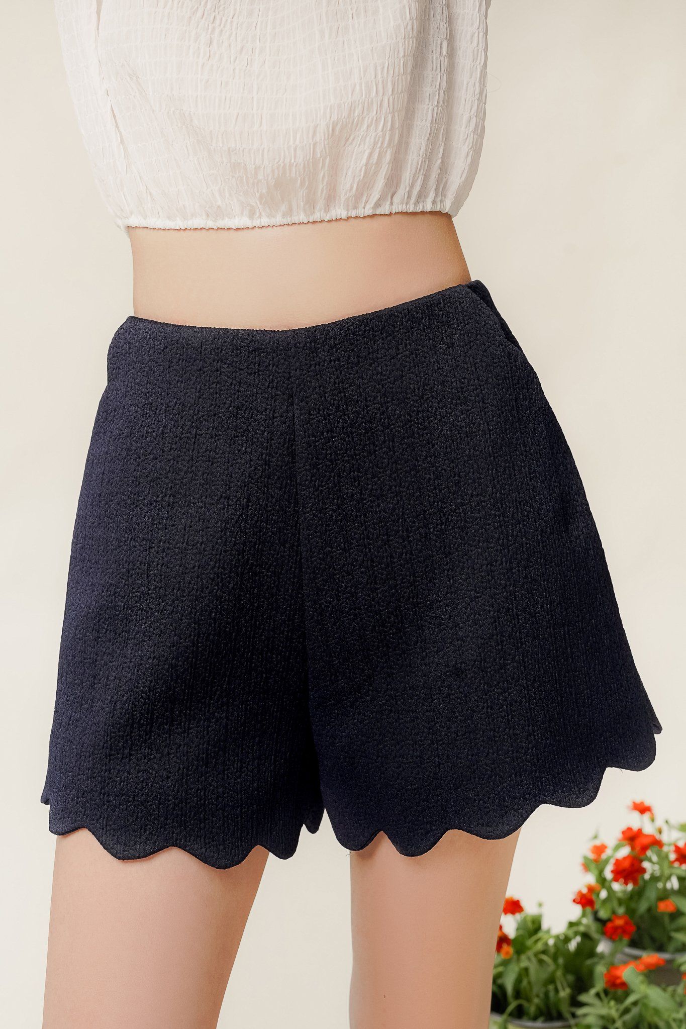 Navy Scallop Hem Jacquard Shorts