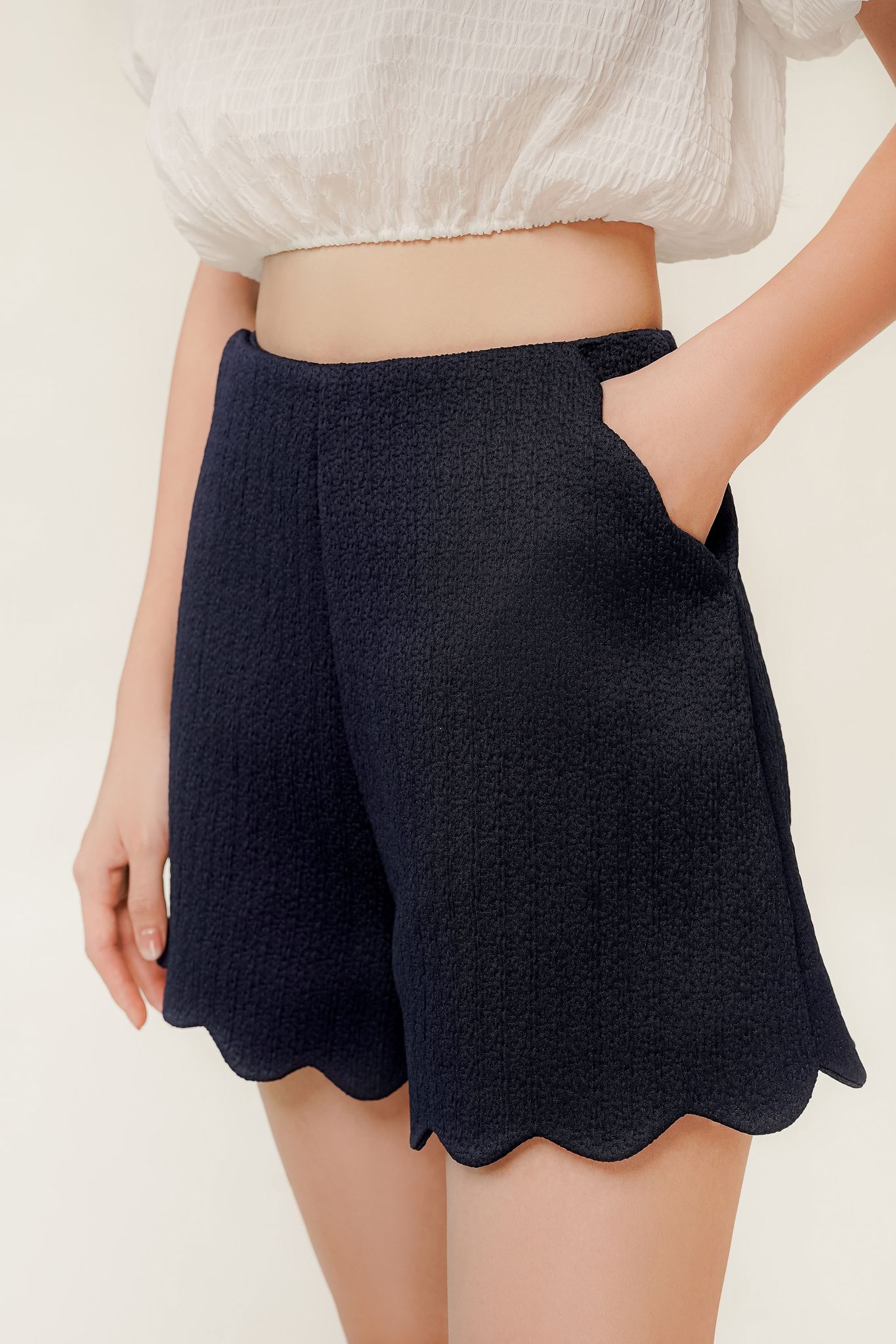 Navy Scallop Hem Jacquard Shorts