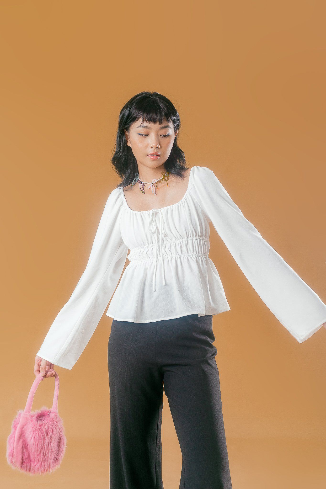 White Ruched Tie Front Long Sleeve Top
