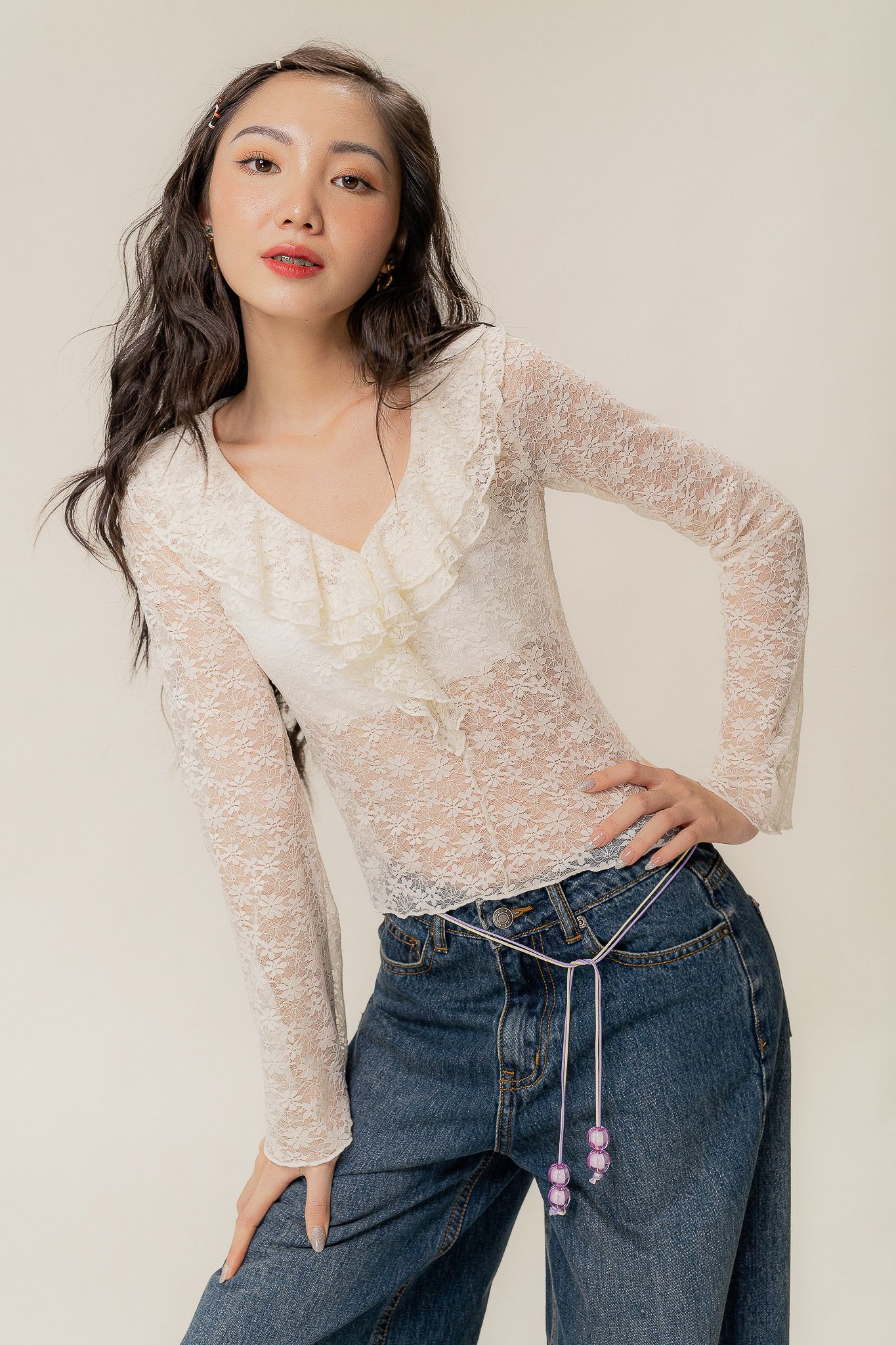  Floral Lace Soft Ruffle Top 