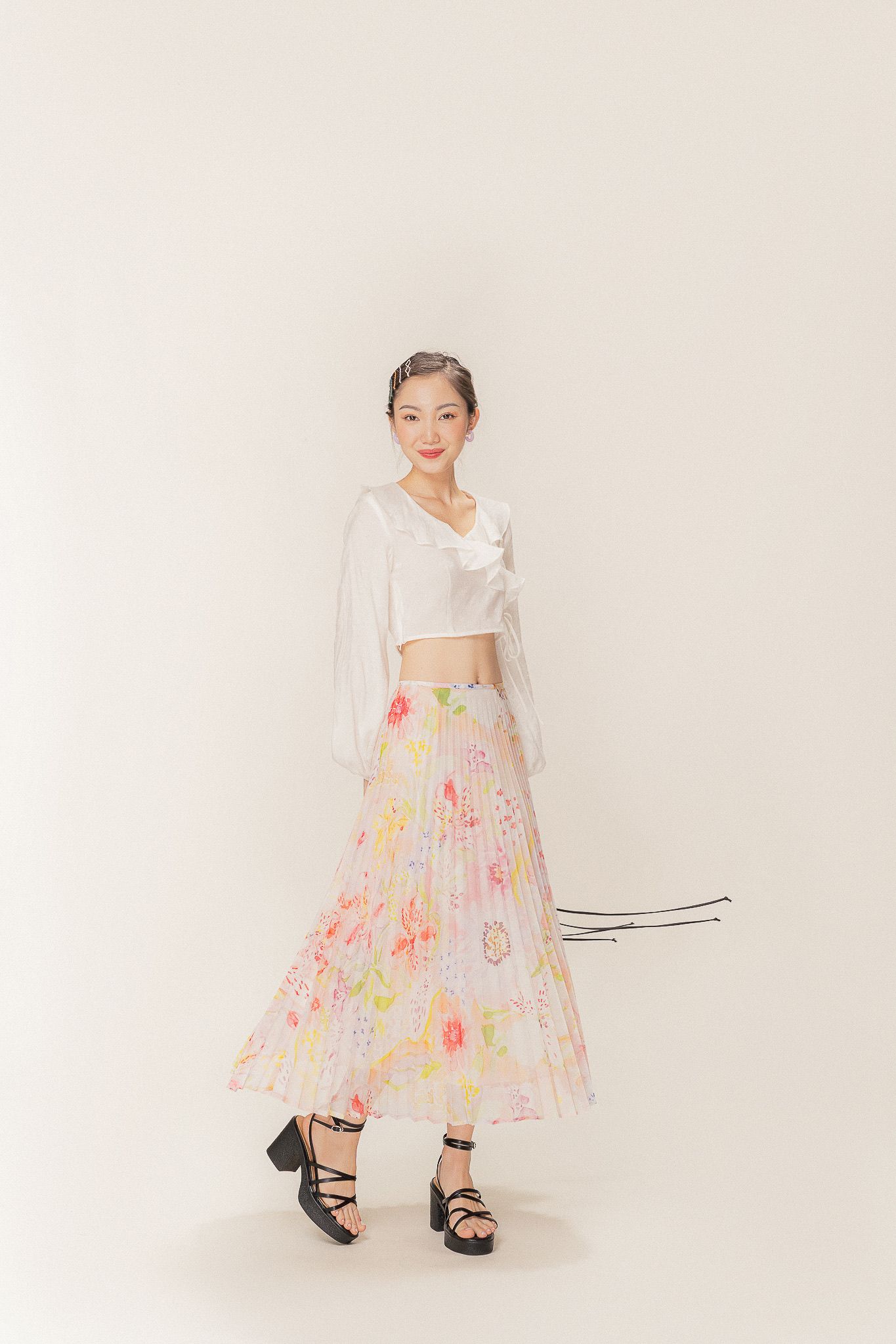  Floral Printed Pleated Midi Skirt 