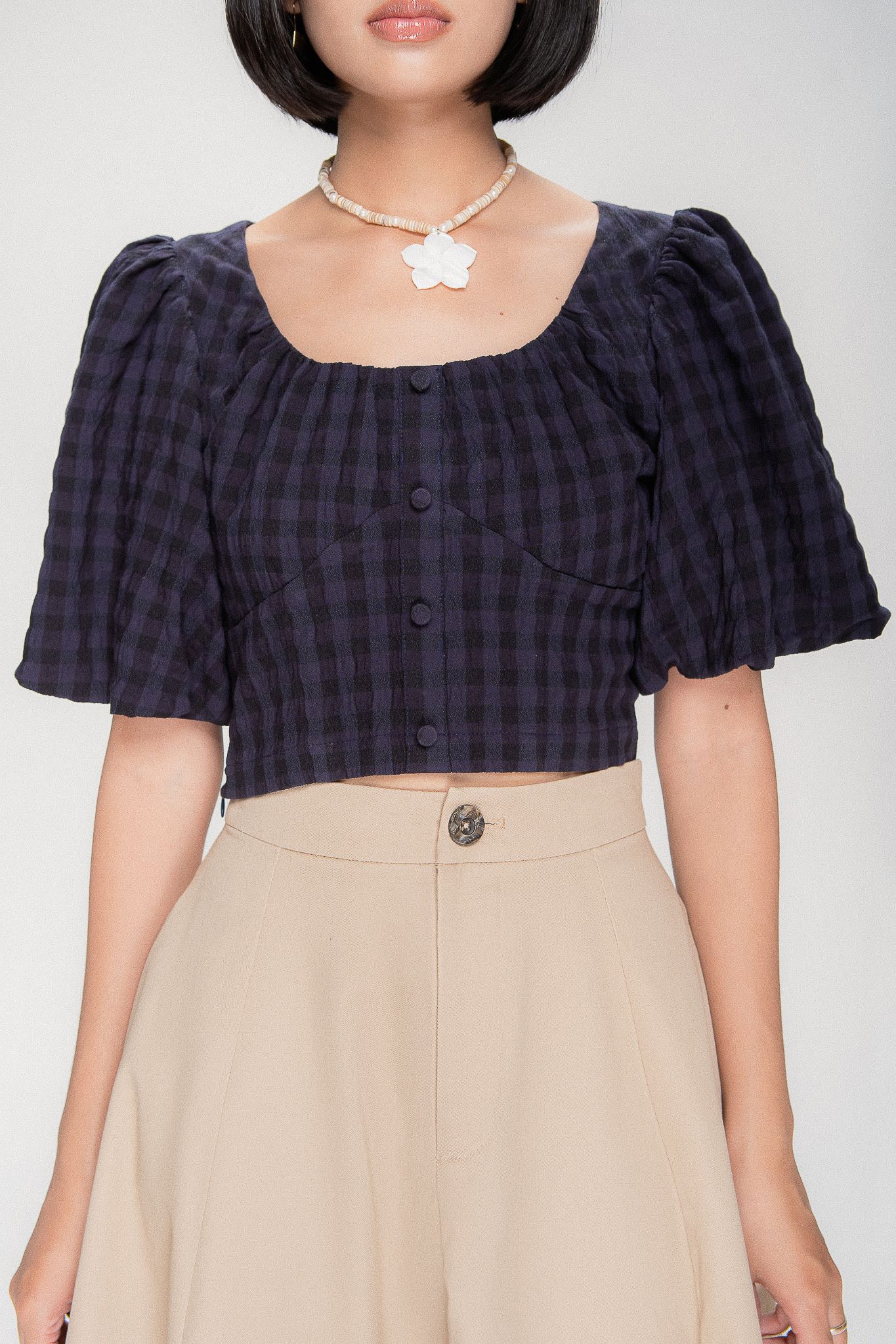  Oxford Blue Checked Puff Sleeve Top 