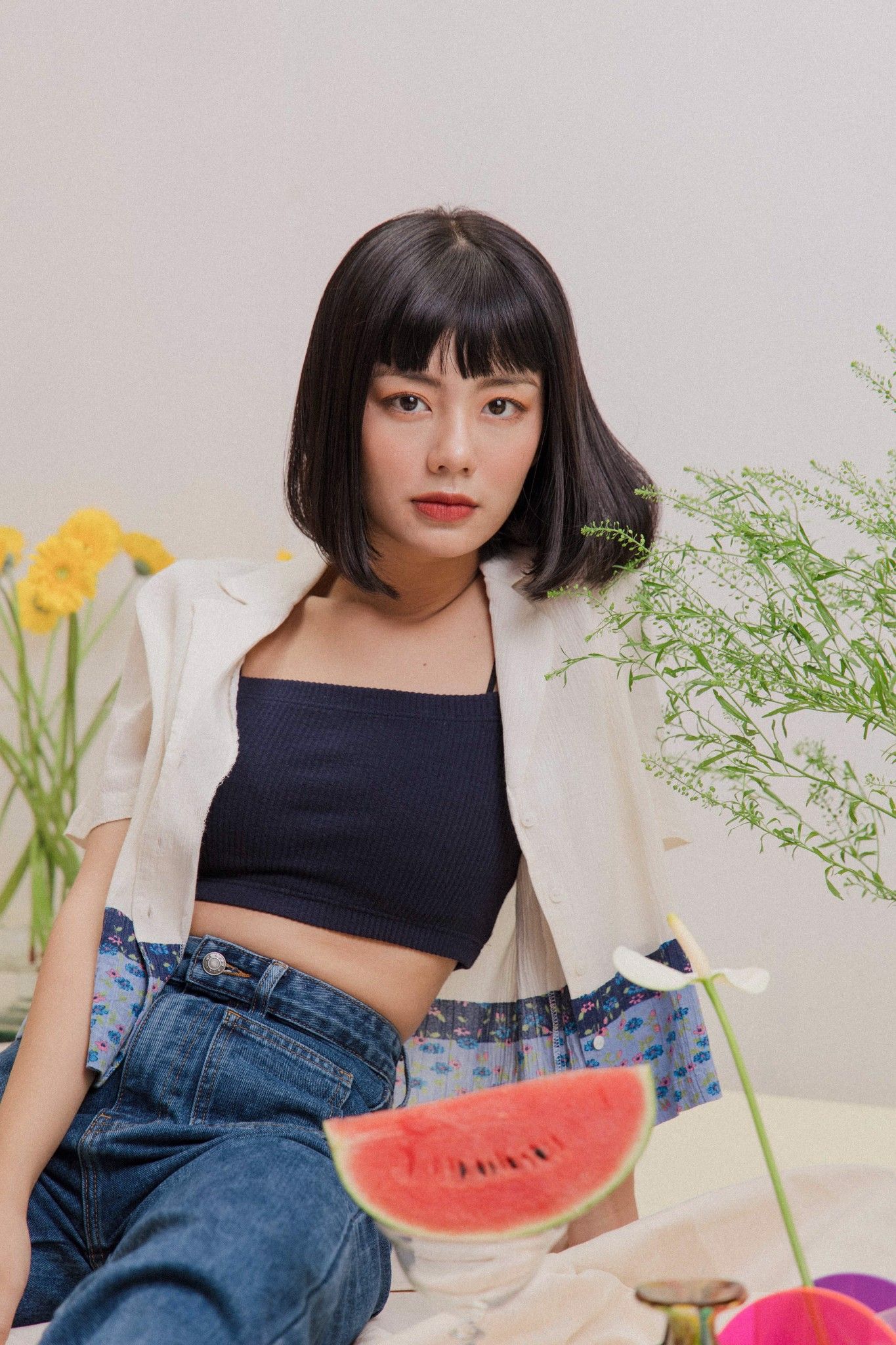 Floral Hem Lapel Collar Shirt - Blue
