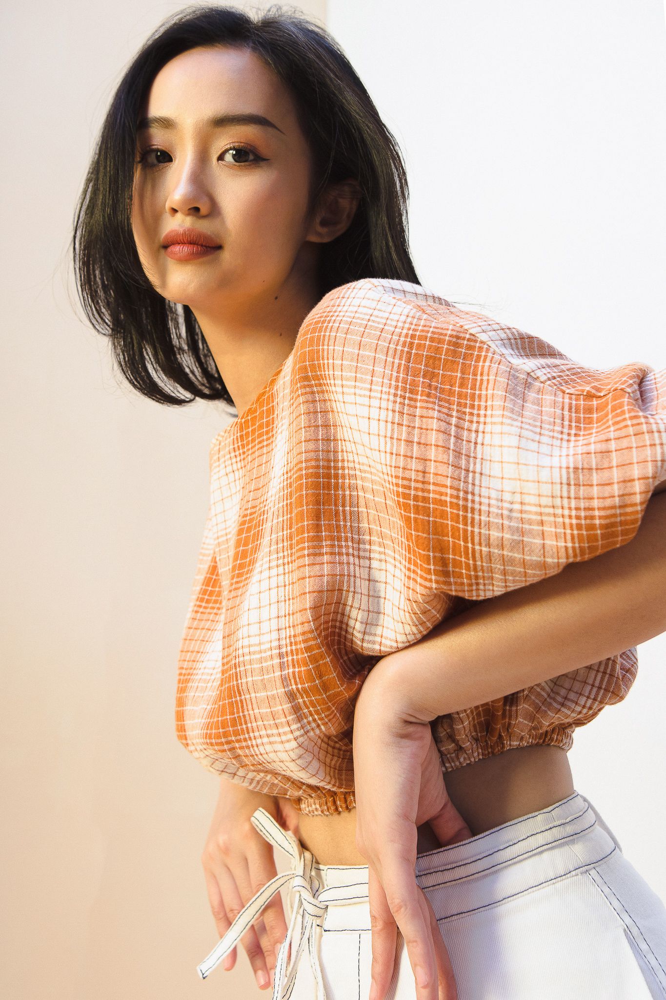 Checked Puff Sleeve Top