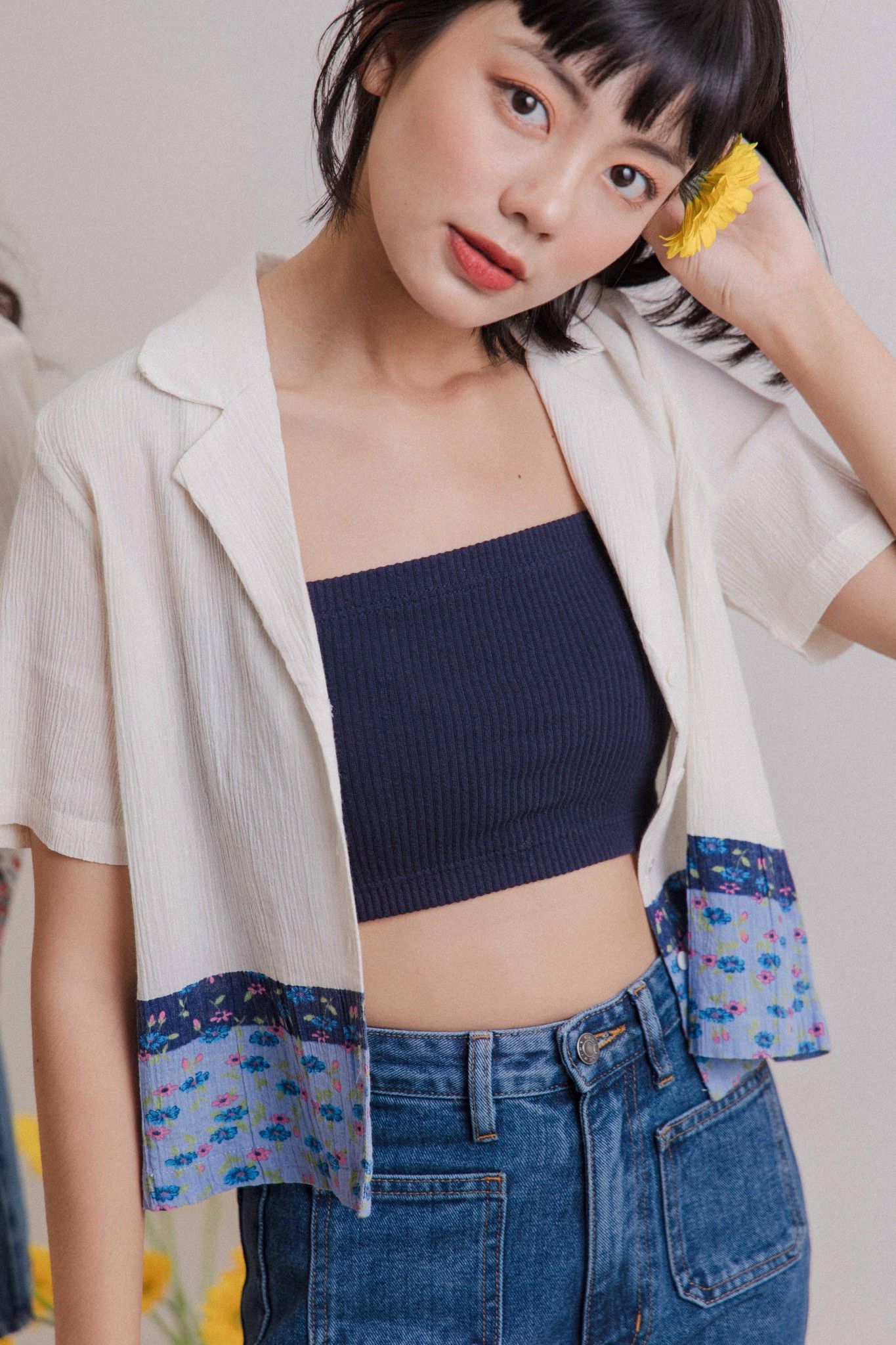 Floral Hem Lapel Collar Shirt - Blue