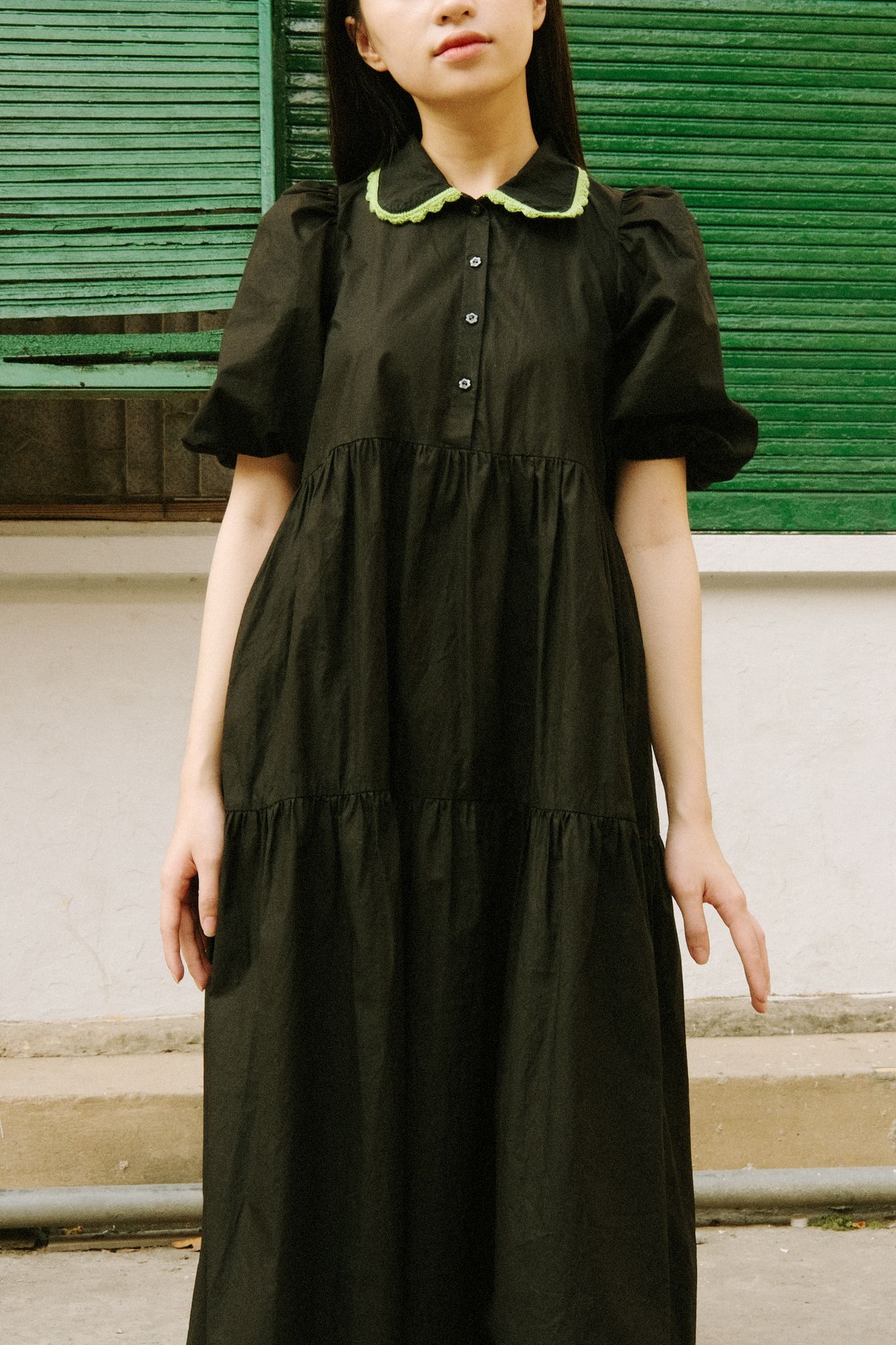 Puff Sleeves Midi Dress With Handmade Crochet Details