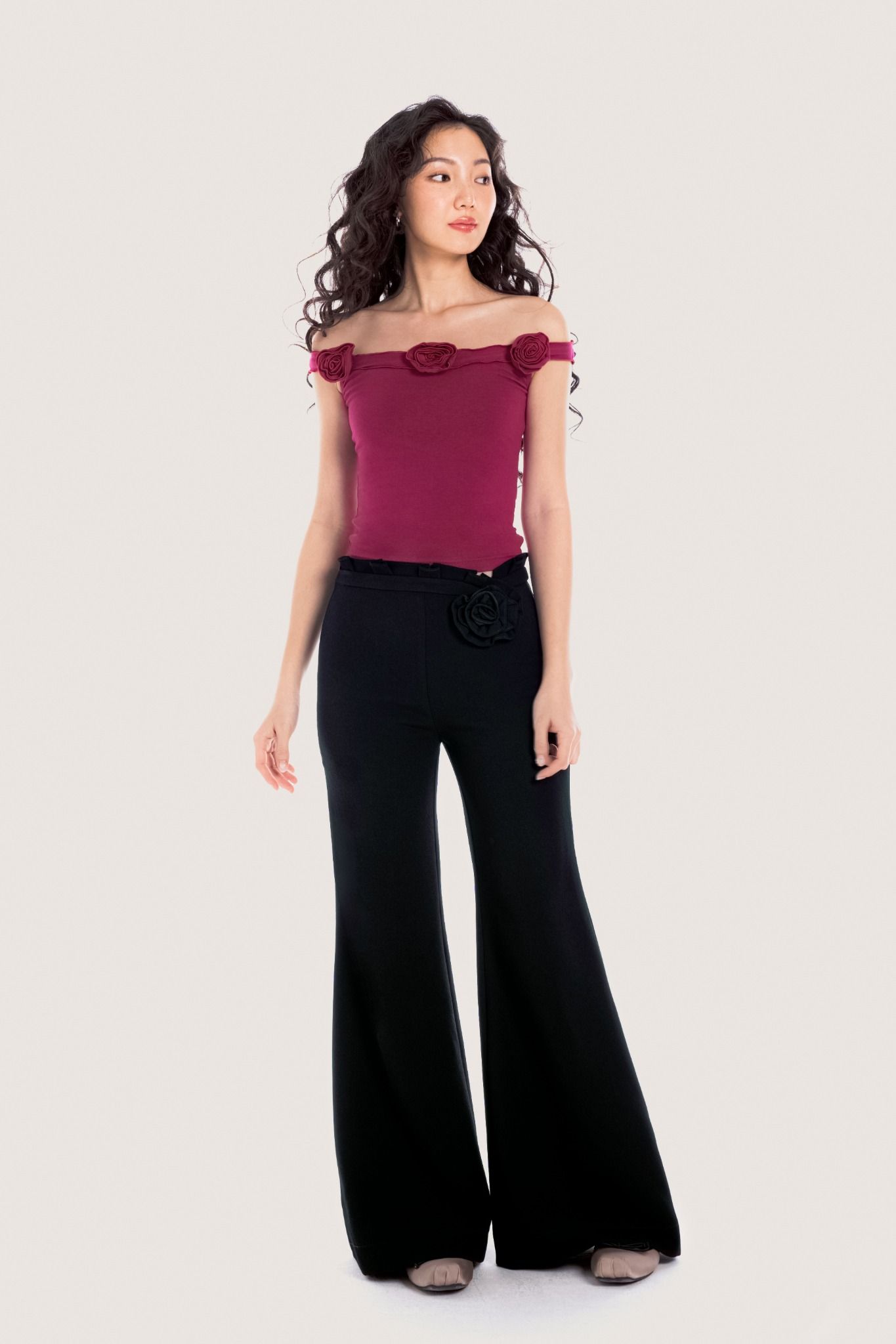  Black Floral Embellished Flared Trousers 