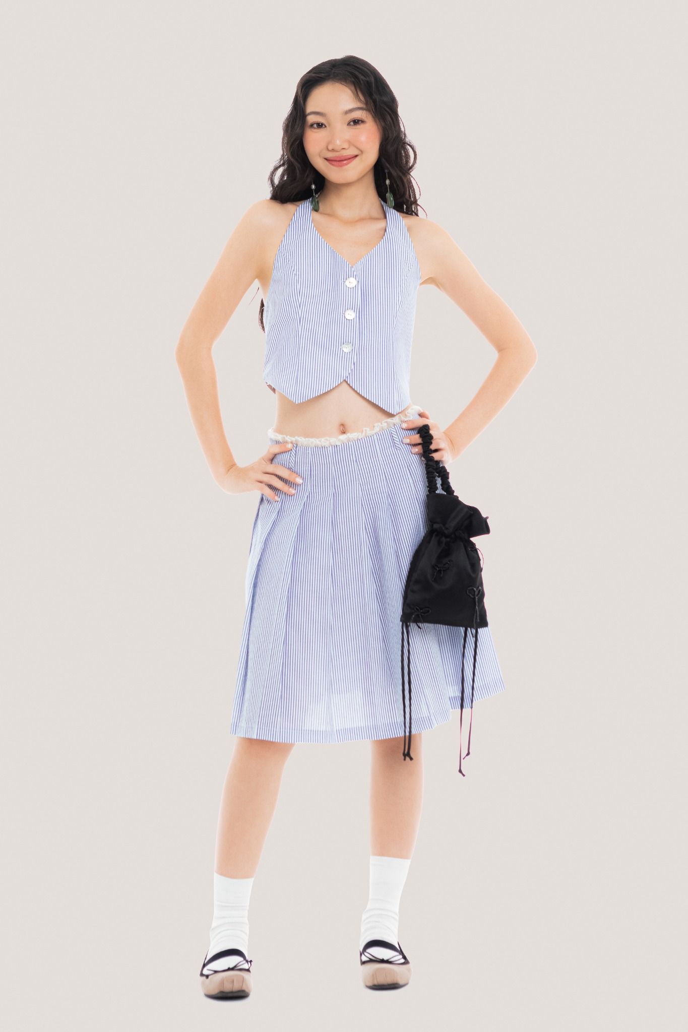  Pinstriped Pleated Seersucker Mini Skirt 