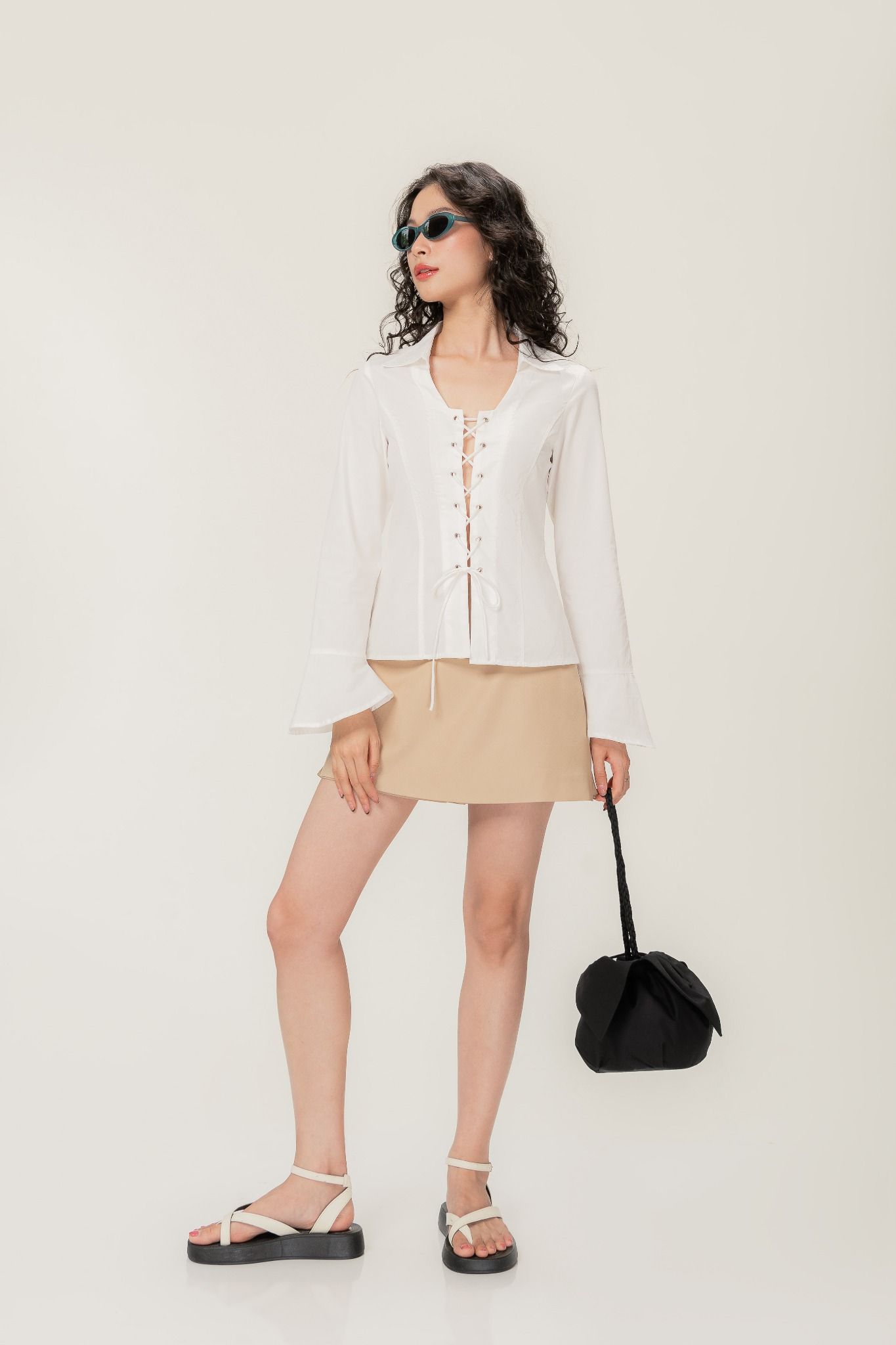 Libe White Flared Sleeve Lace-Up Blouse