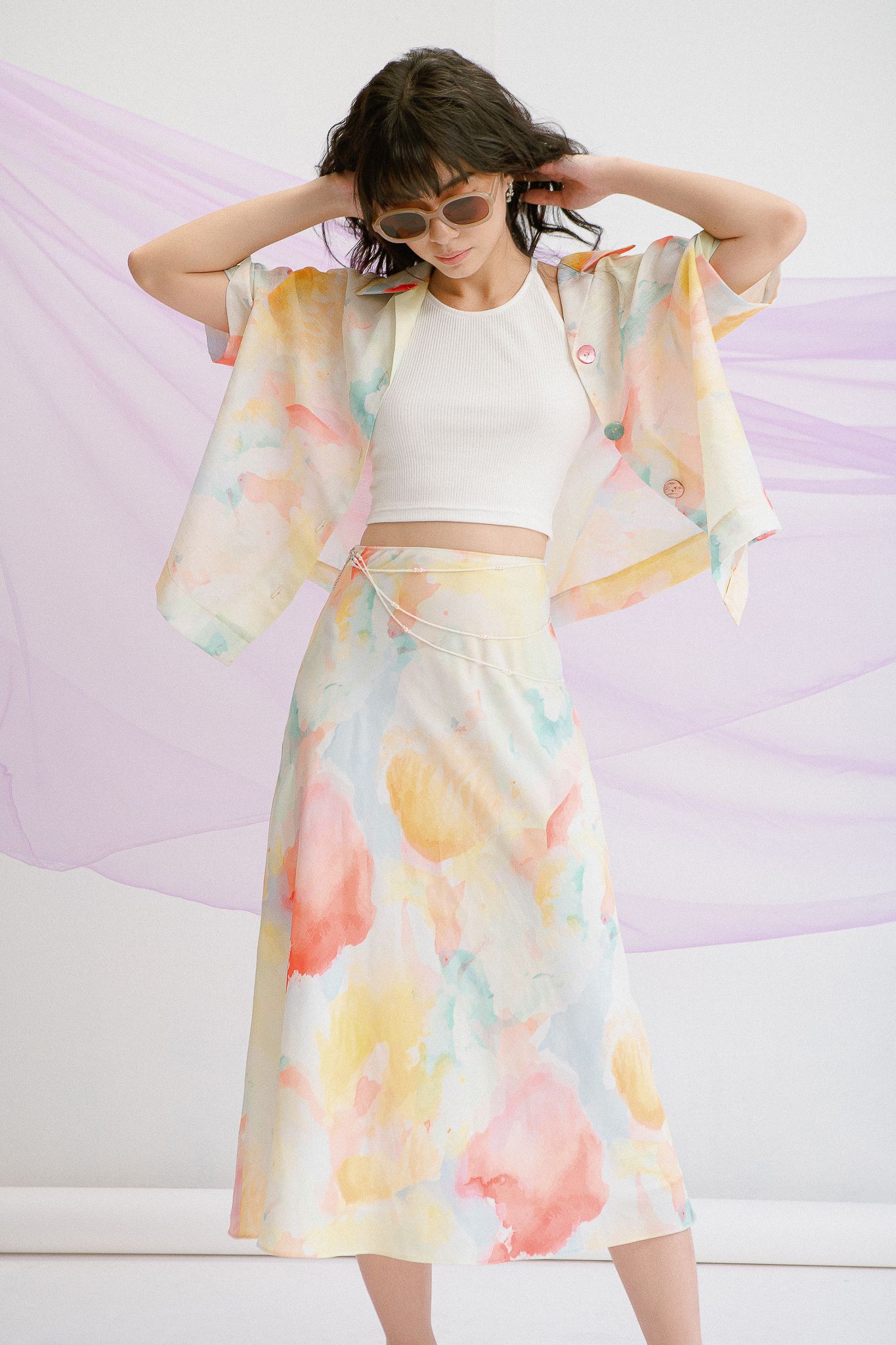 Multicolored Silky Midi Skirt