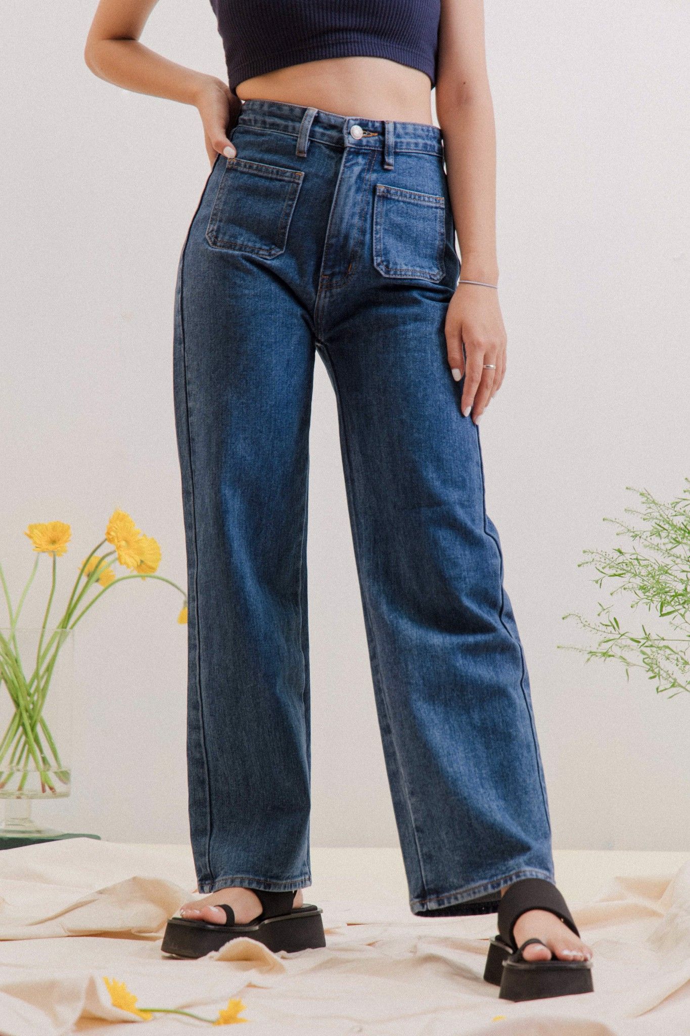Navy Straight Leg Jeans With Pockets