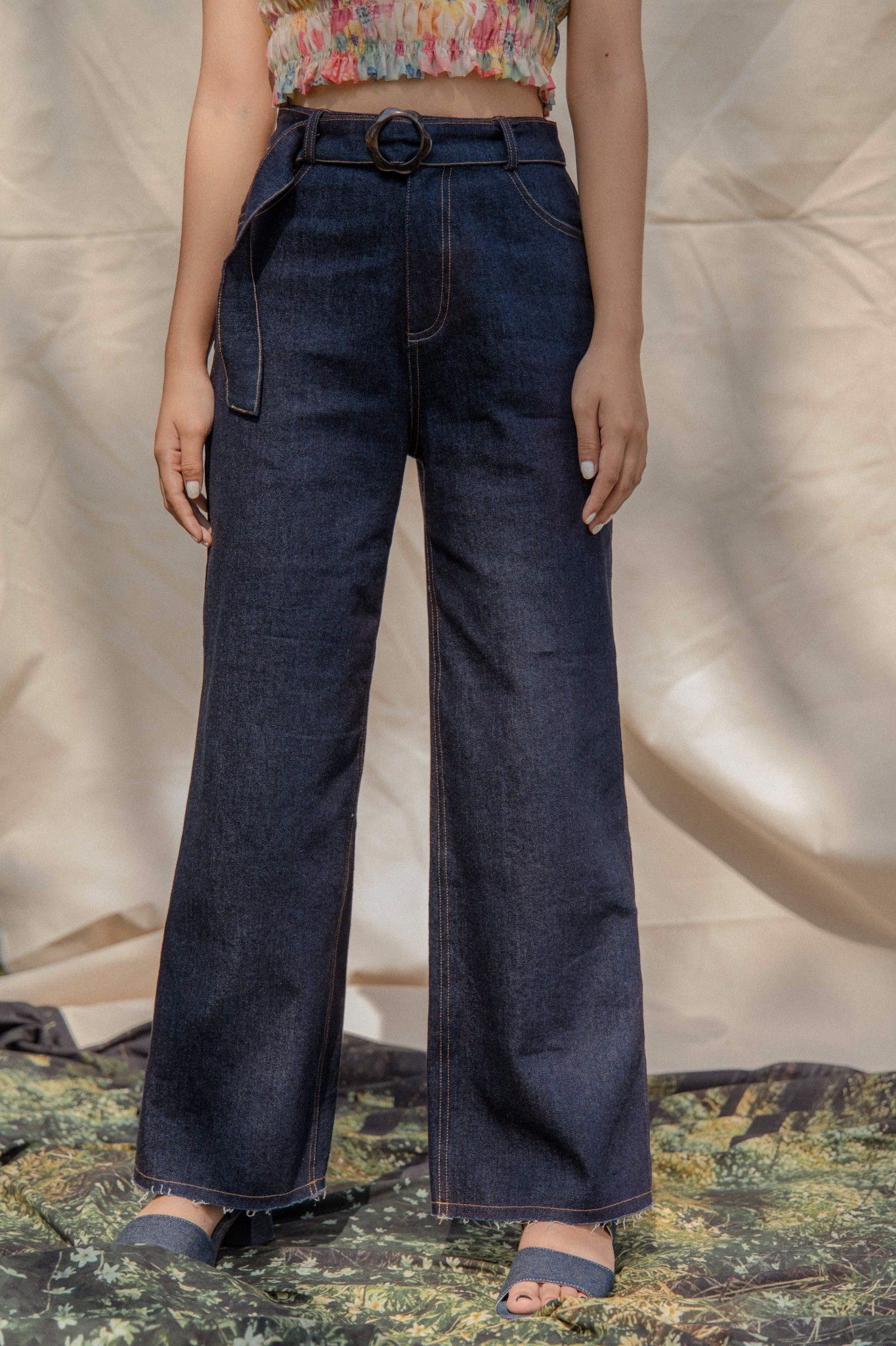 Navy Wide Leg Trousers With Belt