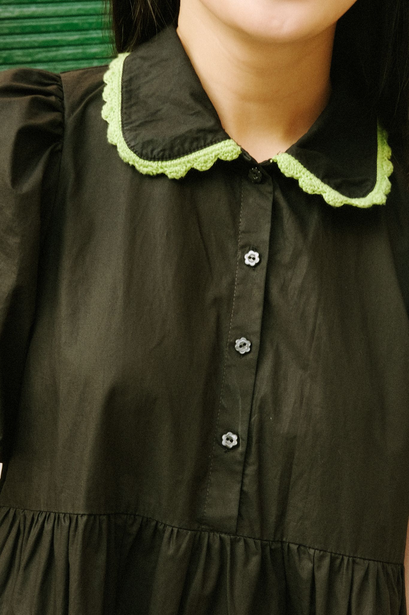 Puff Sleeves Midi Dress With Handmade Crochet Details