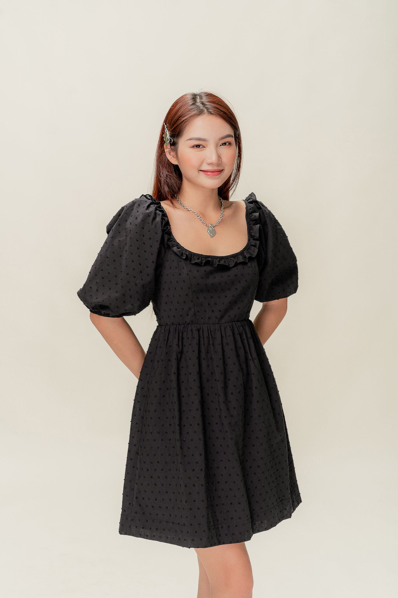  Black Puff Sleeve Dotted Mini Dress 