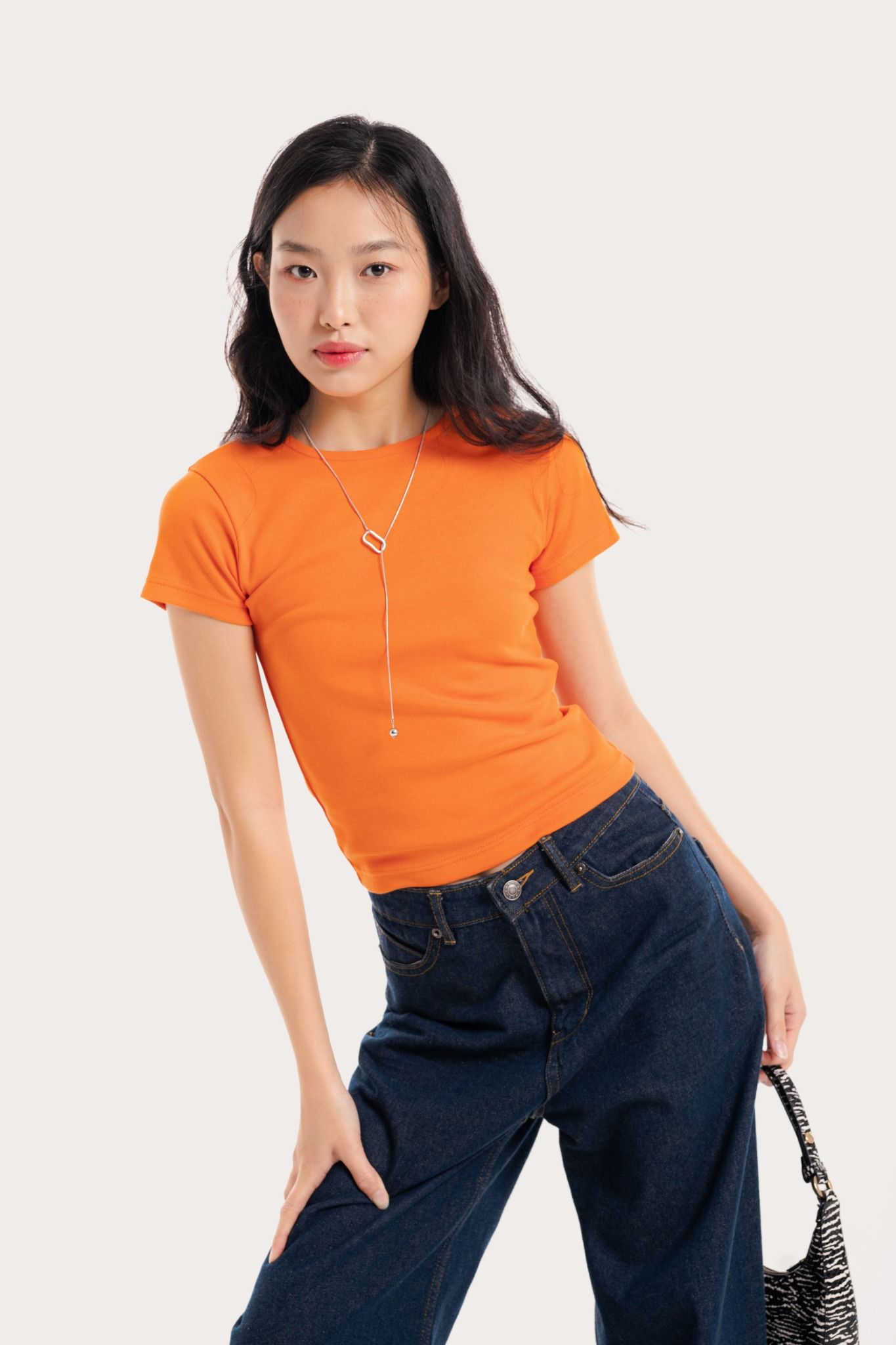  Orange Crew Neck Fitted T-Shirt 