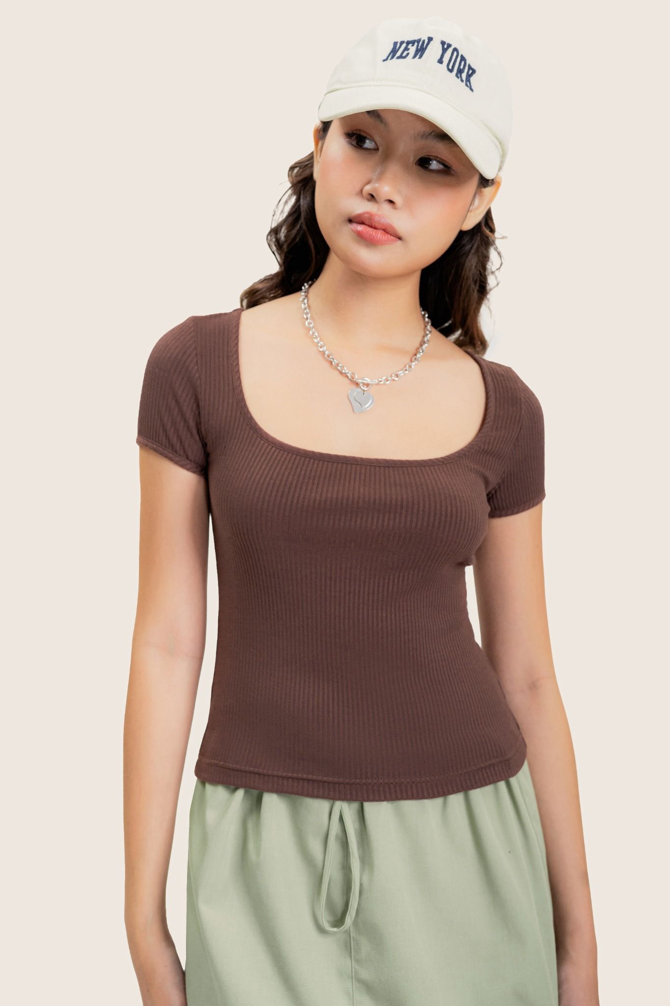 Everyday Go-to Brown U-Neck Ribbed Tee