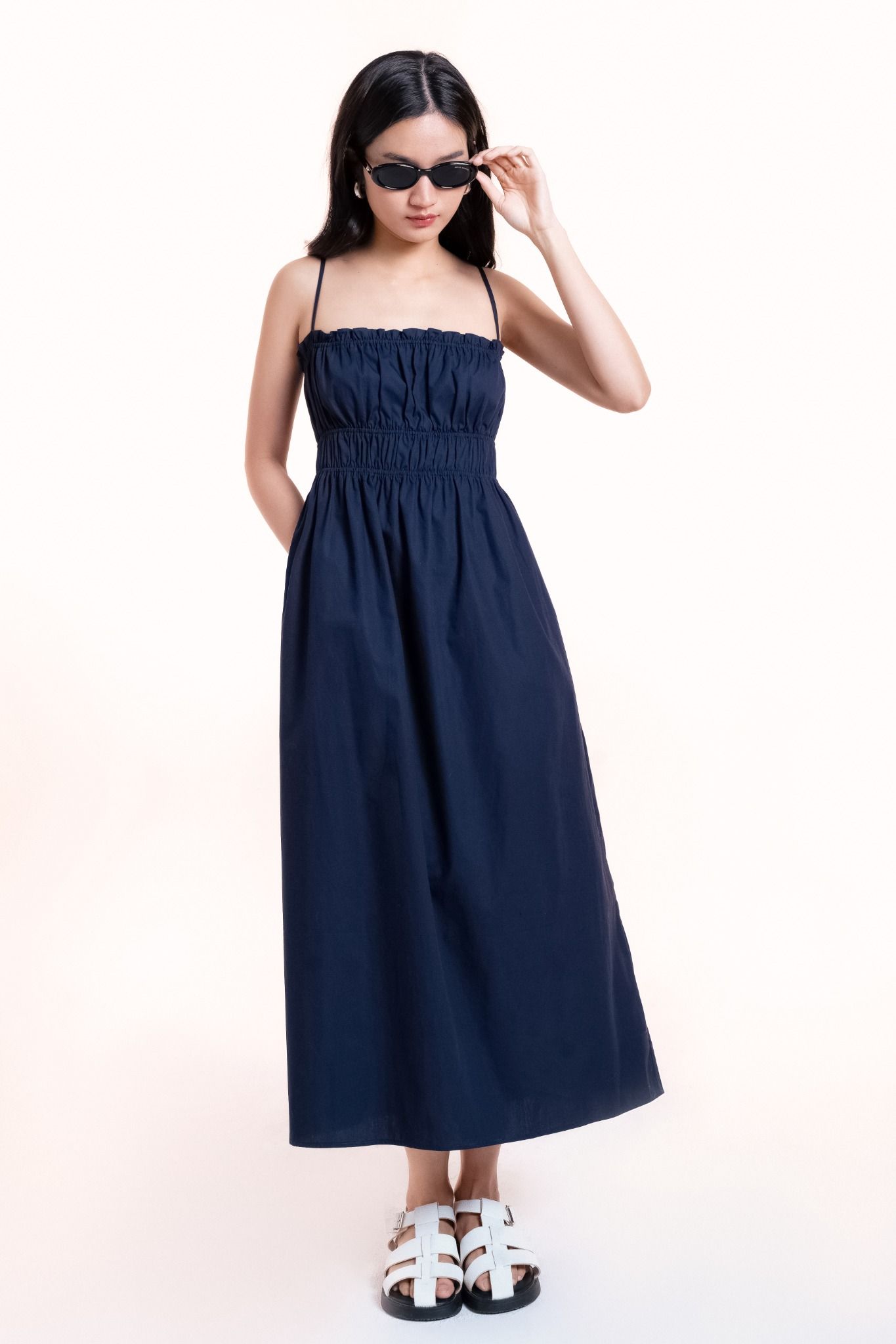 Navy Smock Strappy Midi Dress