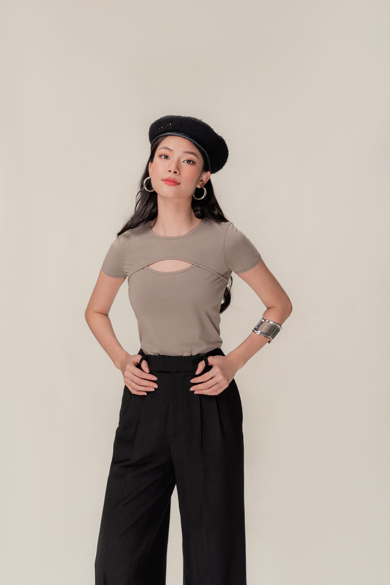  Sandy Grey Cut Out Short Sleeve Top 