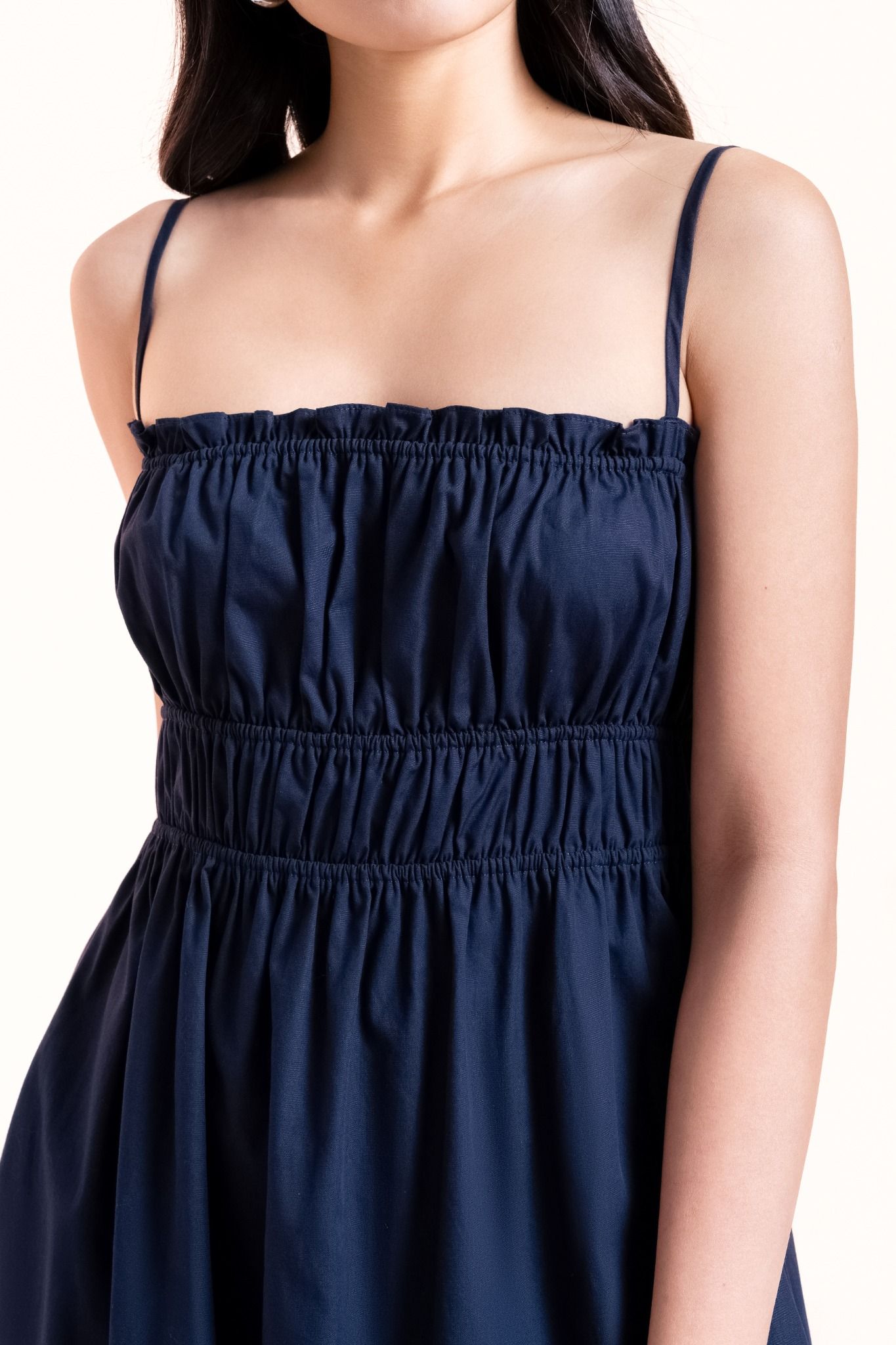Navy Smock Strappy Midi Dress