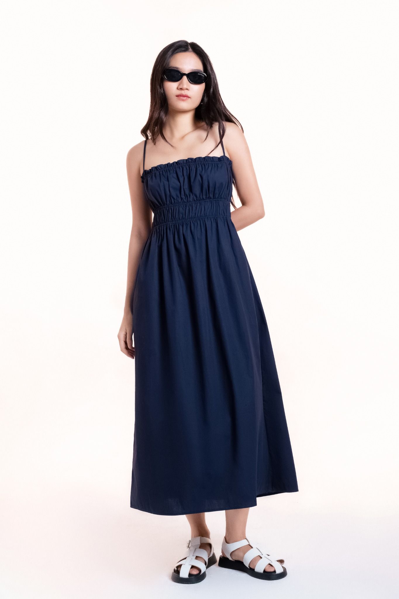 Navy Smock Strappy Midi Dress