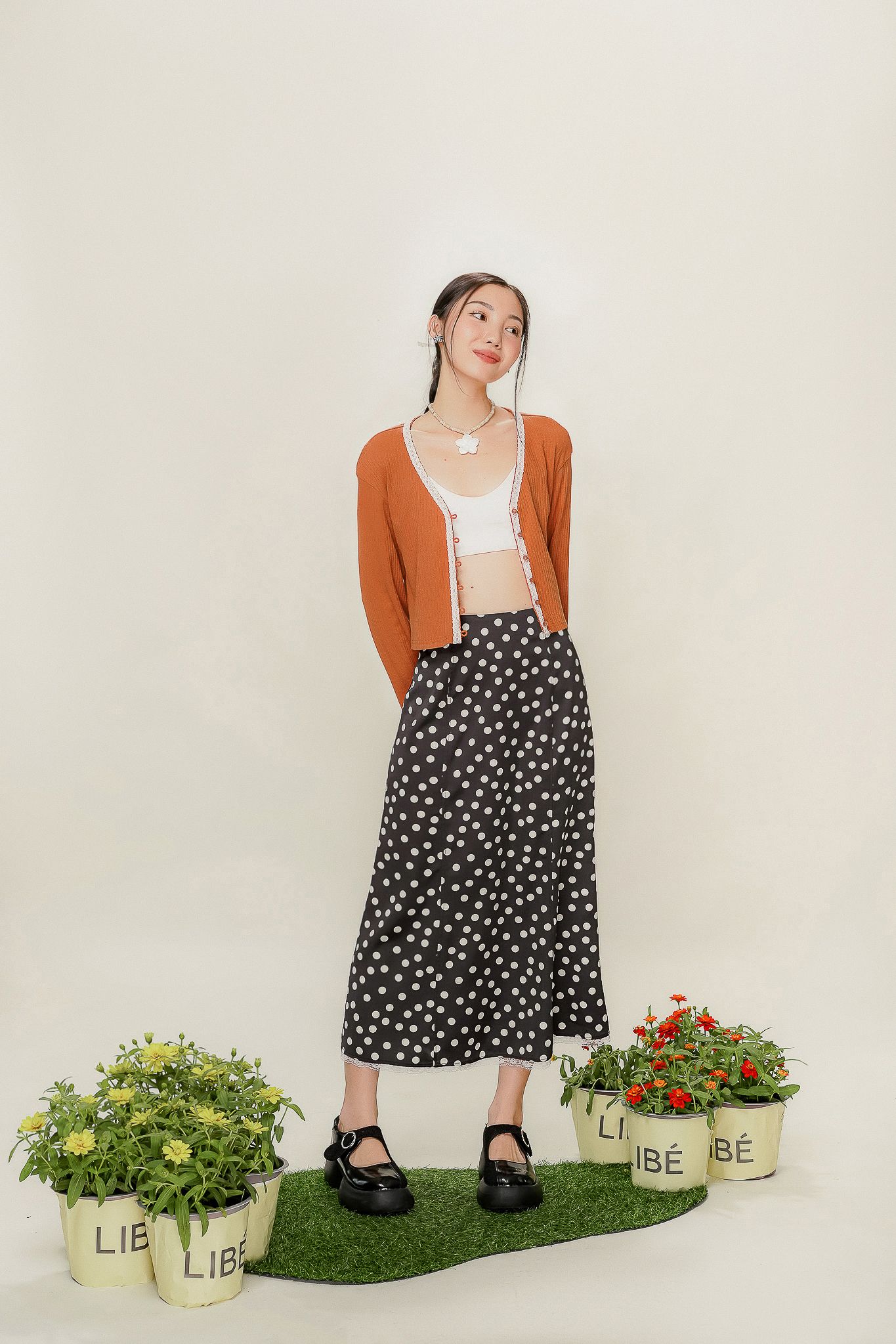  Polka Dot Midi Skirt With Lace Trim 