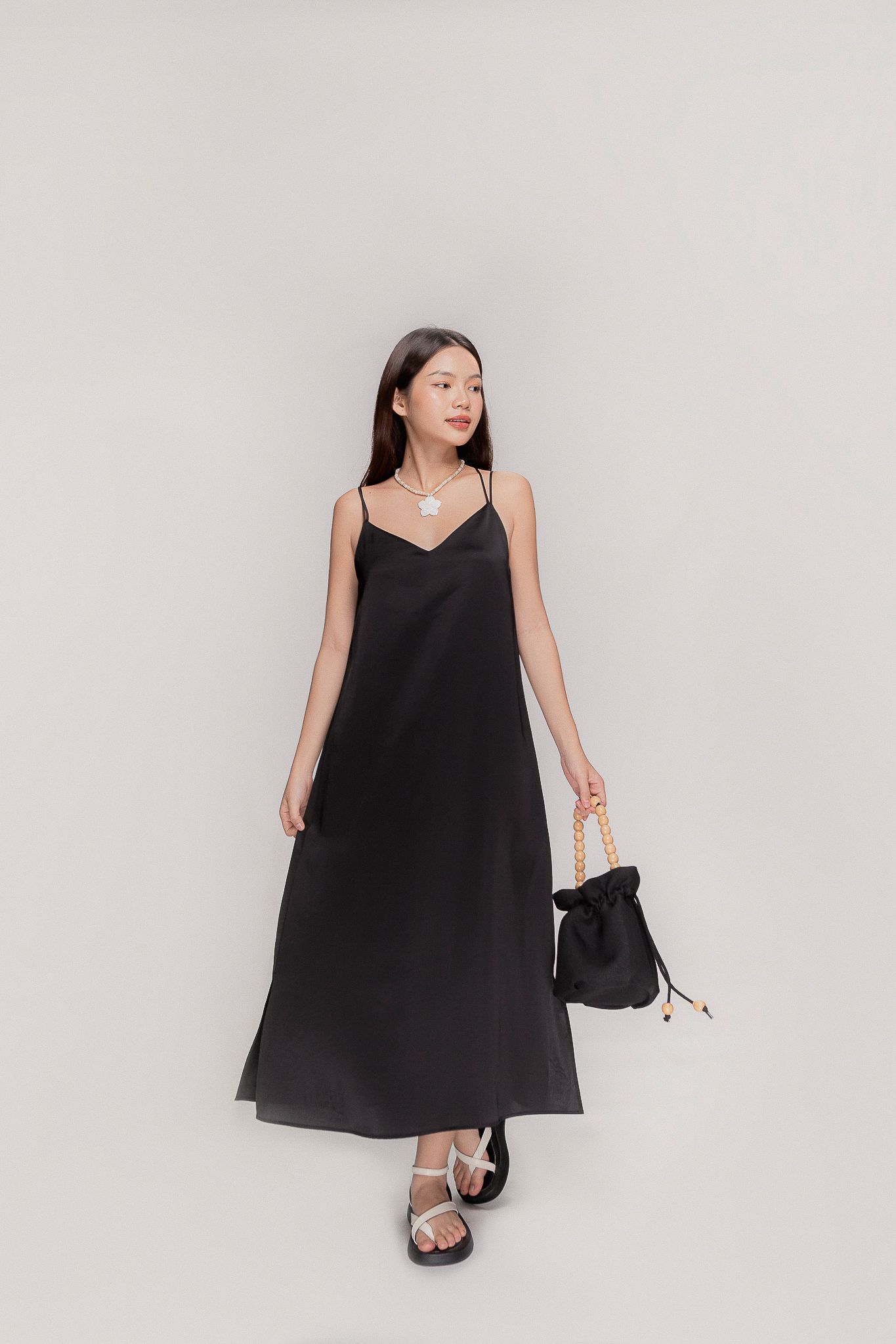  Black Silky Midi Slip Dress 