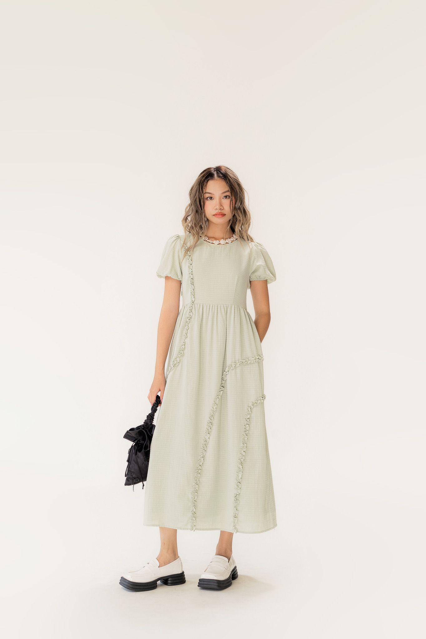  Mint Puff Sleeve Midi Dress With Ruffle 