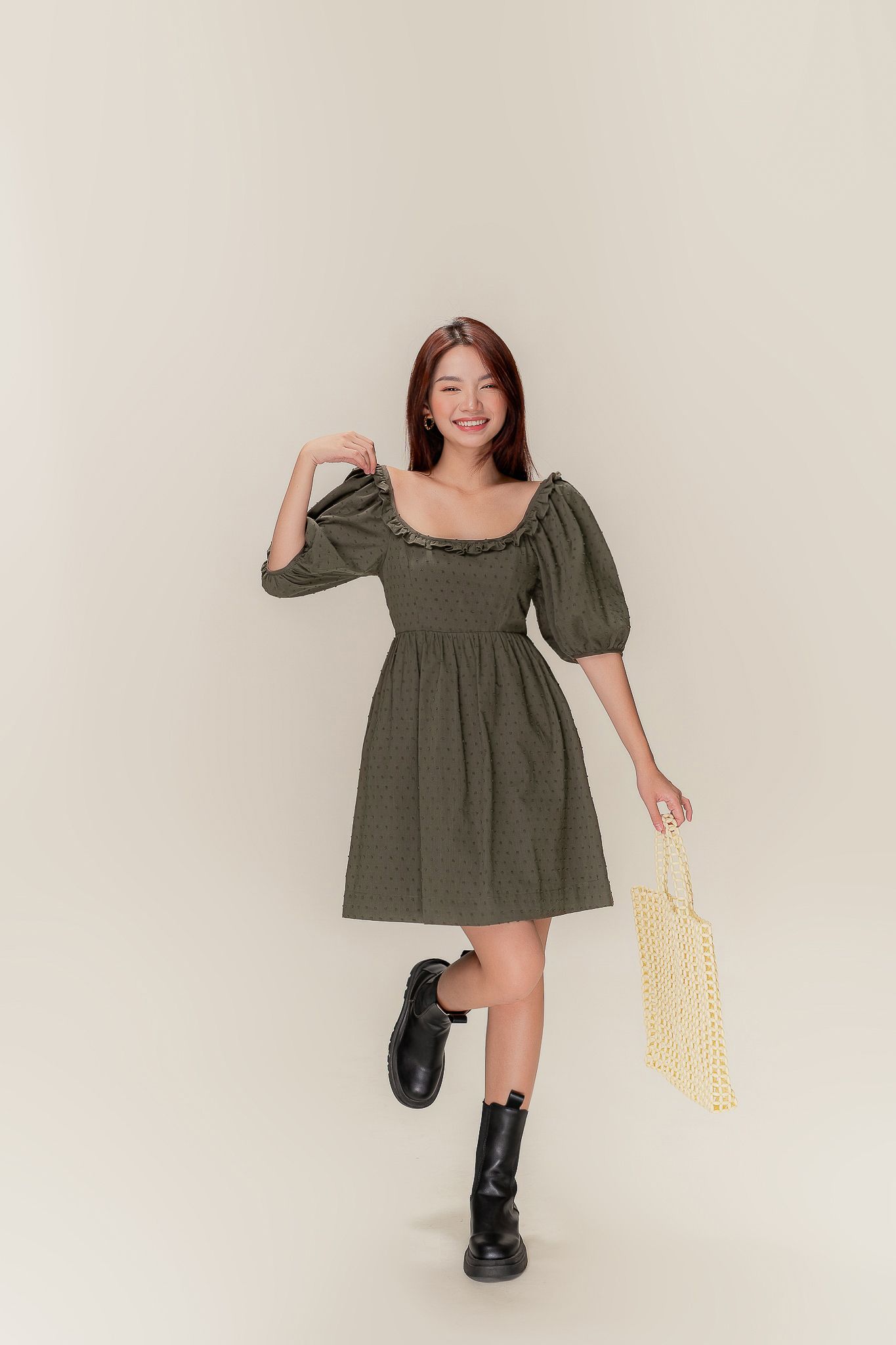  Olive Puff Sleeve Dotted Mini Dress 