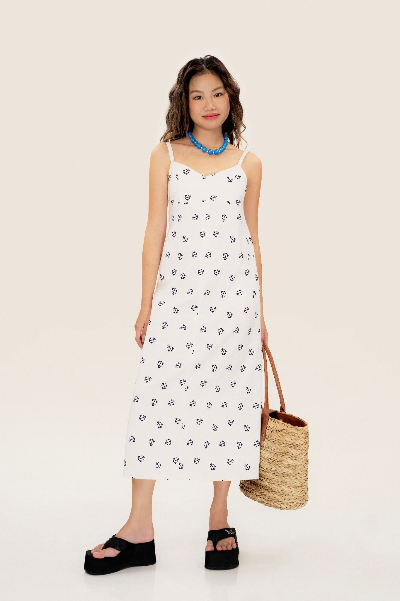 Nautical Print Strappy Midi Dress