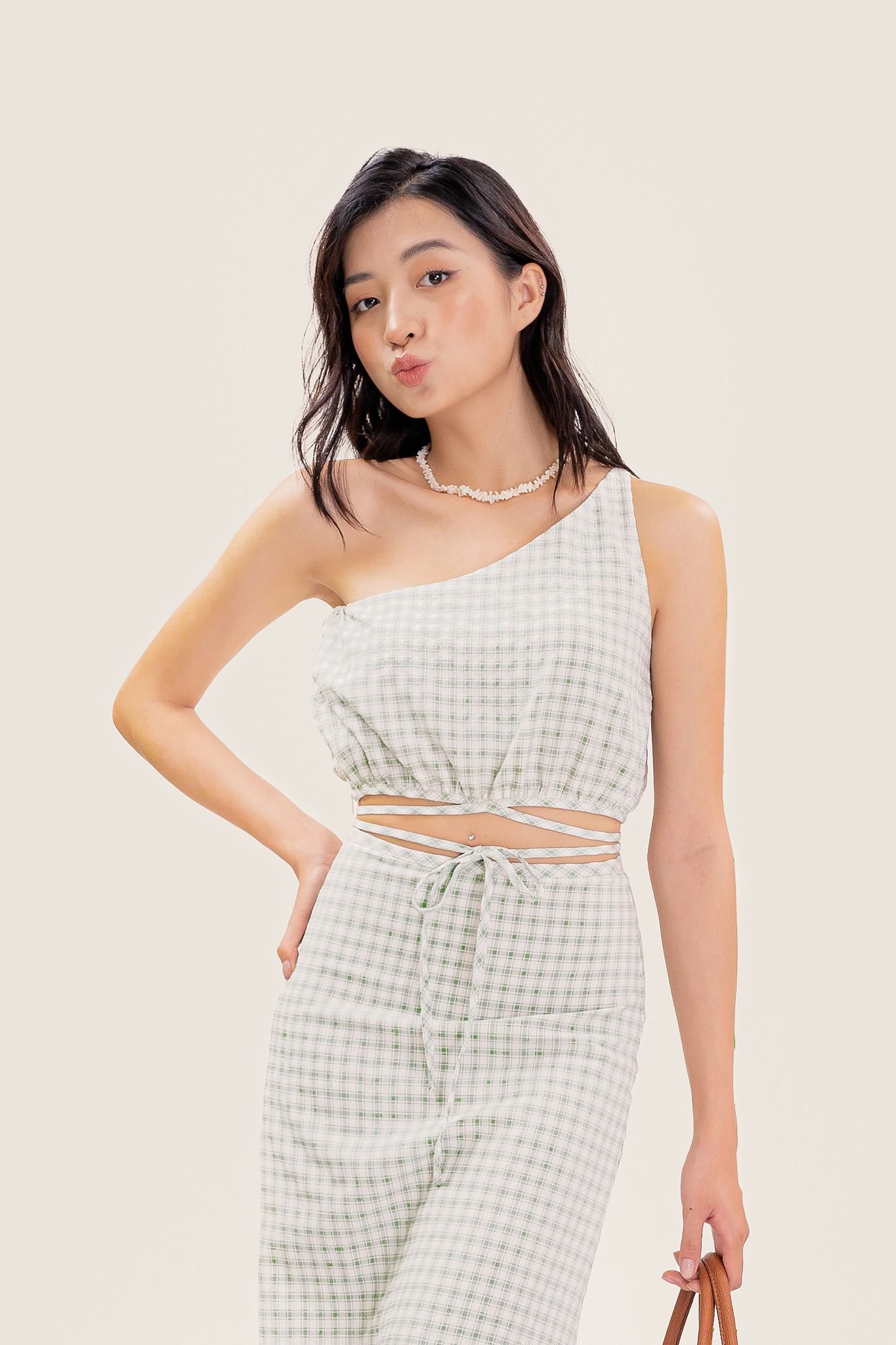  Green Checked One Shoulder Crop Top 