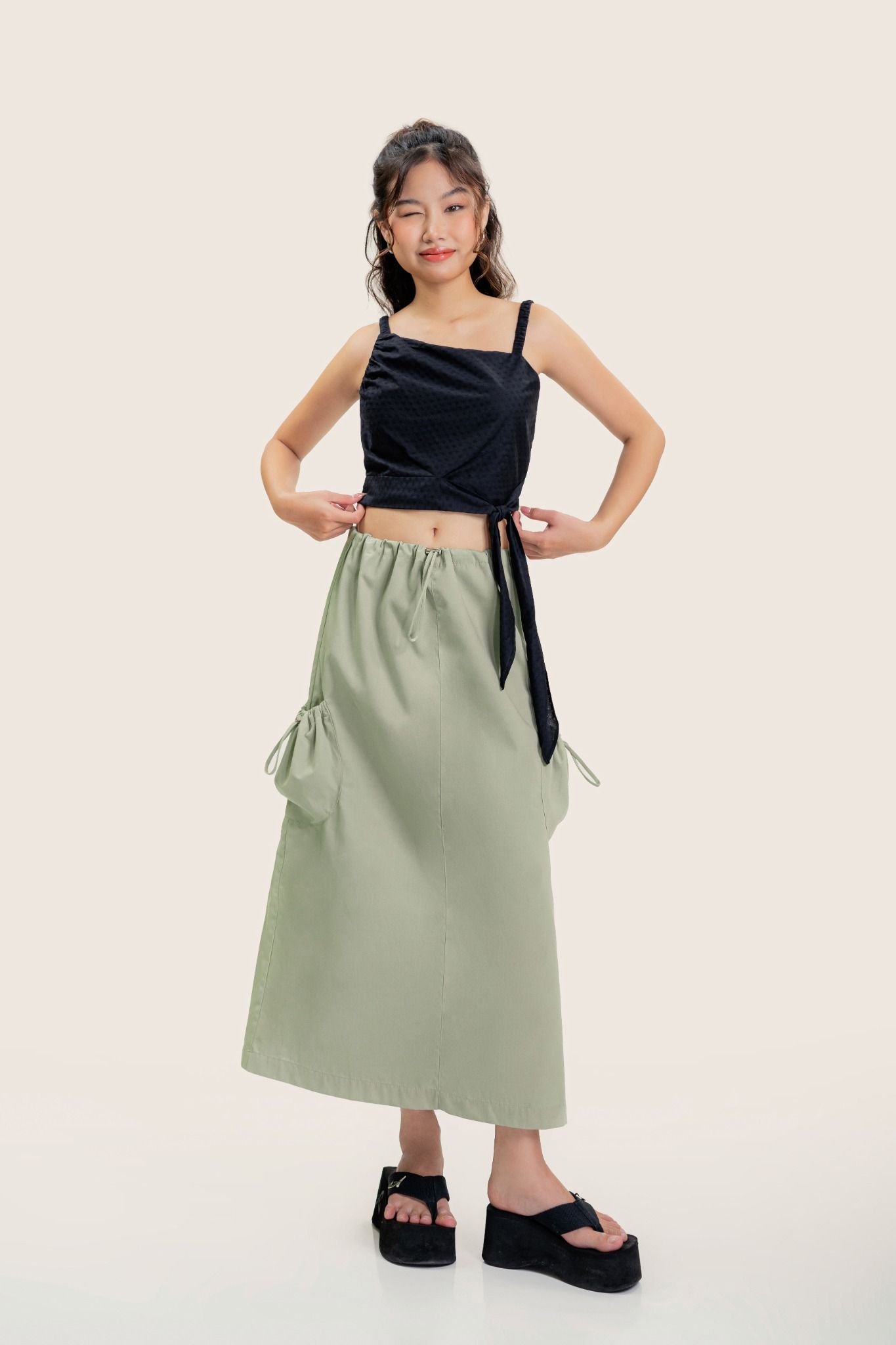  Green Khaki Drawstring Maxi Skirt 
