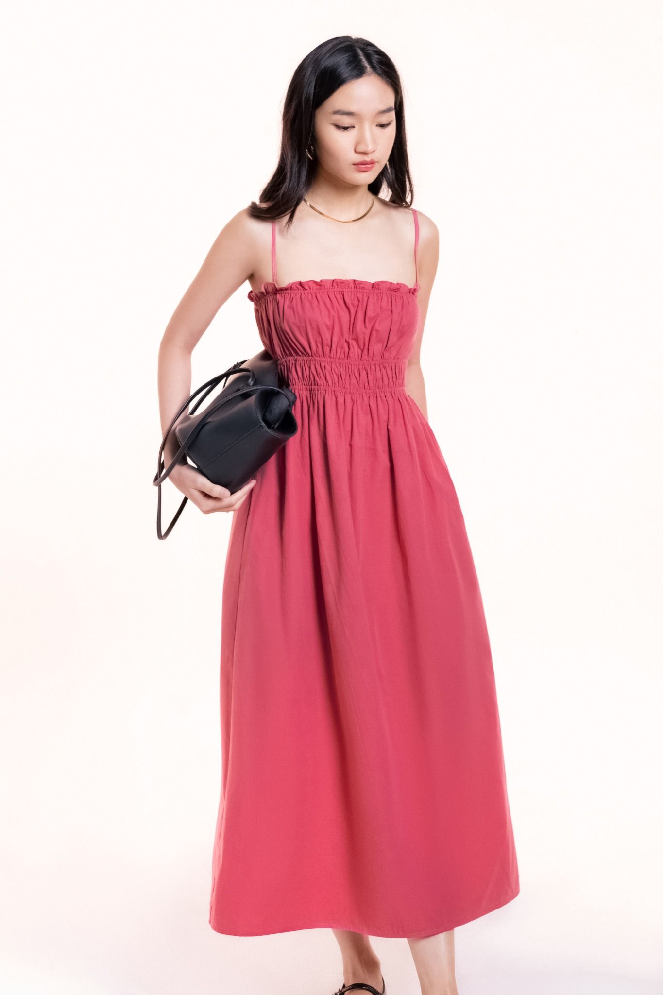  Pink Smock Strappy Midi Dress 