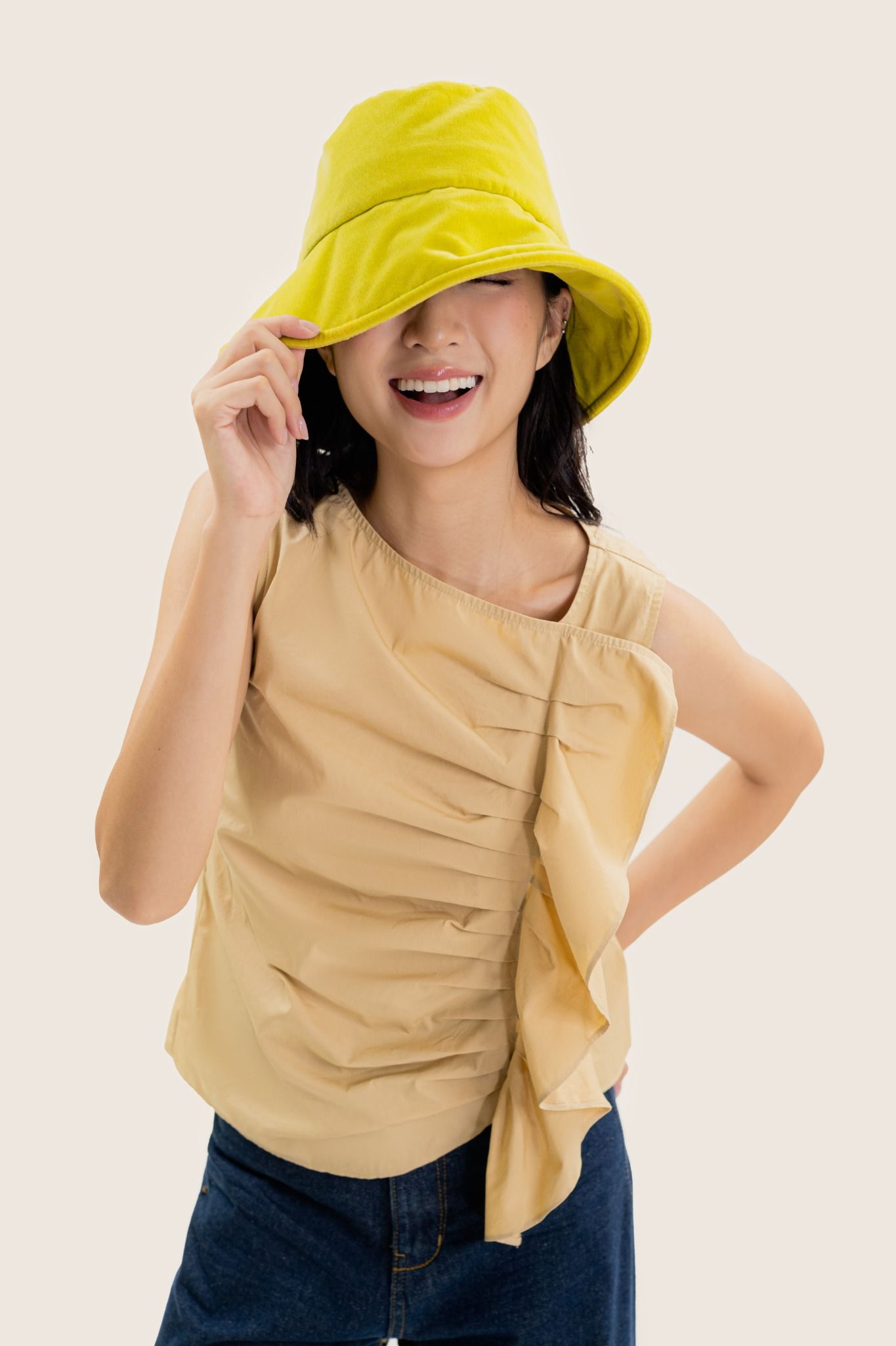  Beige Ruched Sleeveless Poplin Top 