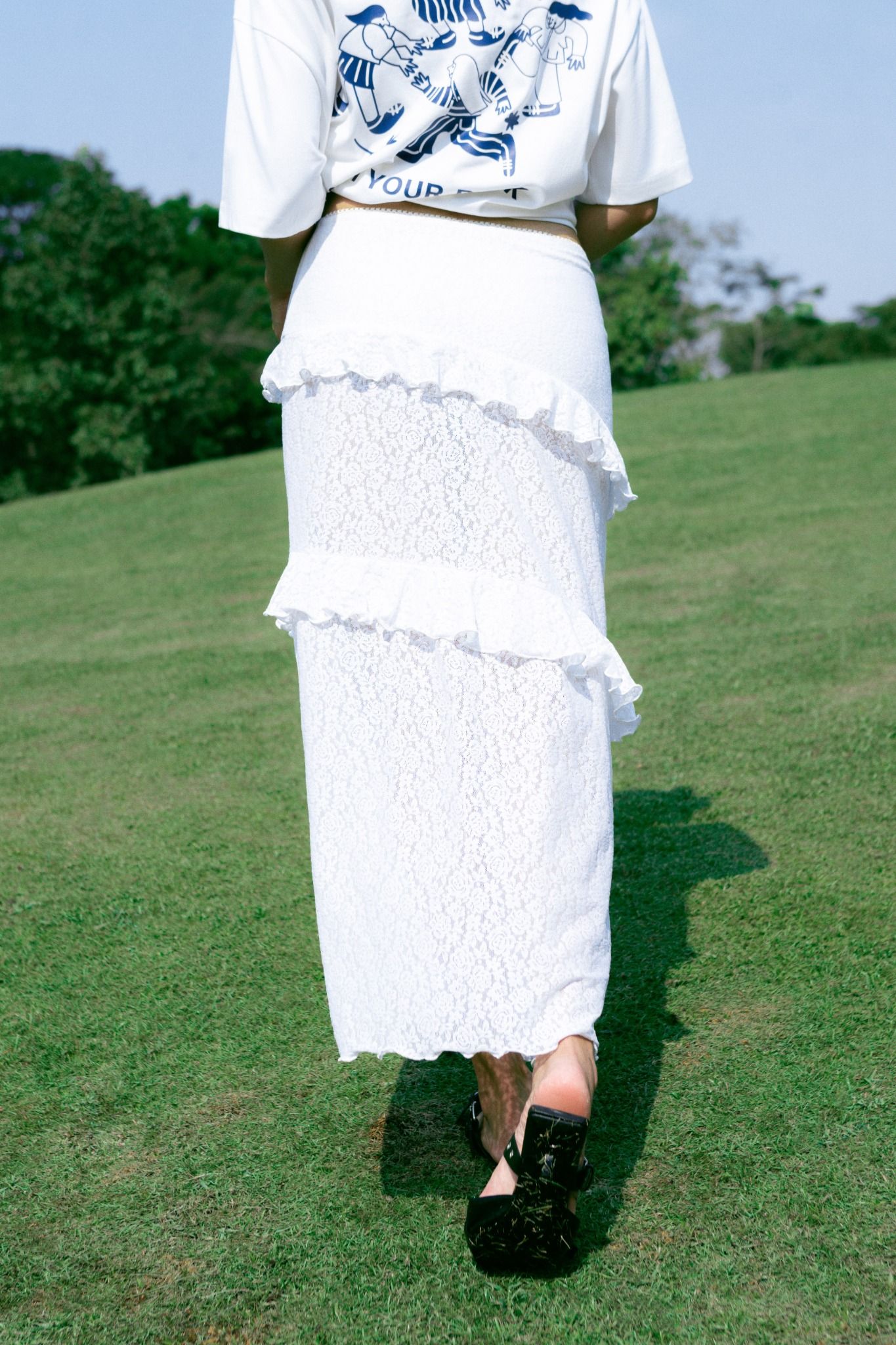 White Low Rise Ruffle Lace Midi Skirt 
