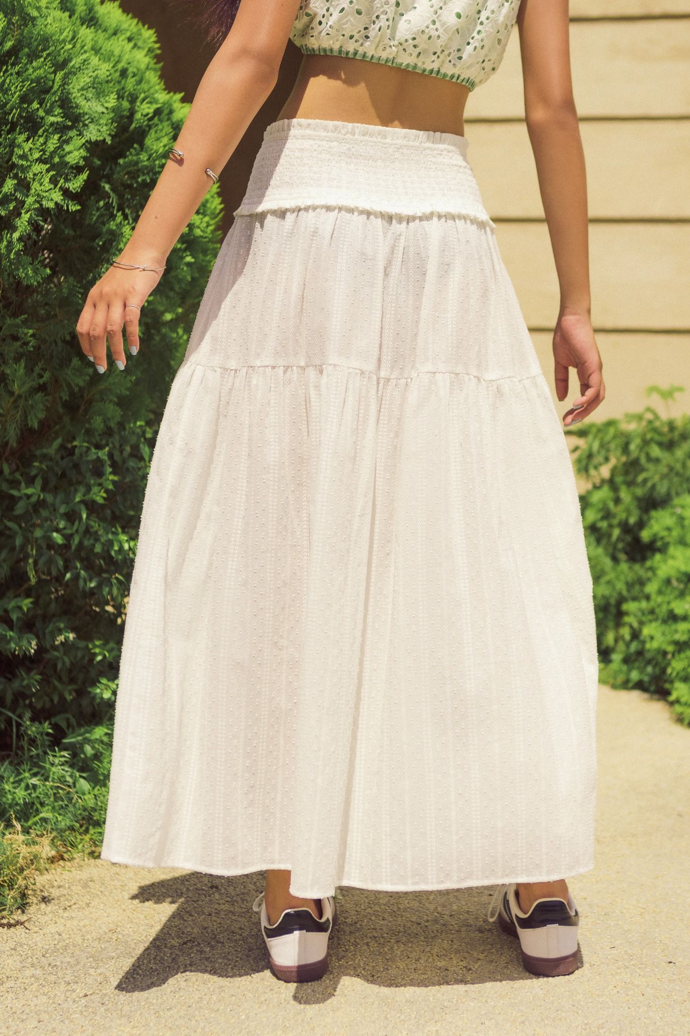  White Sheer Low Rise Tired Maxi Skirt 