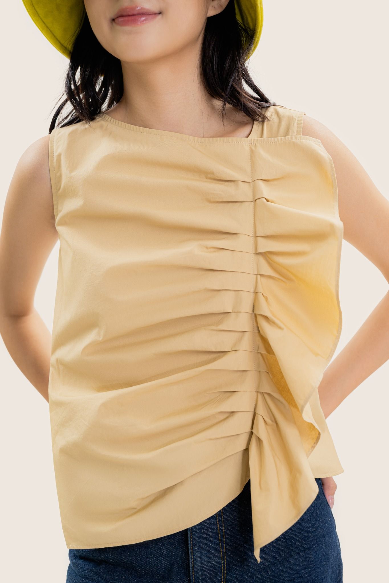  Beige Ruched Sleeveless Poplin Top 