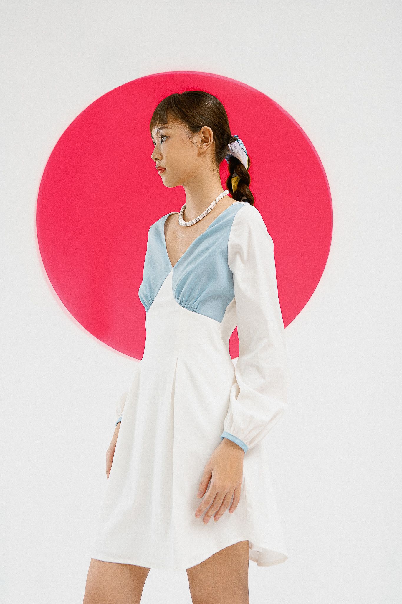  Blue - White V-neck Patchwork Mini Dress 